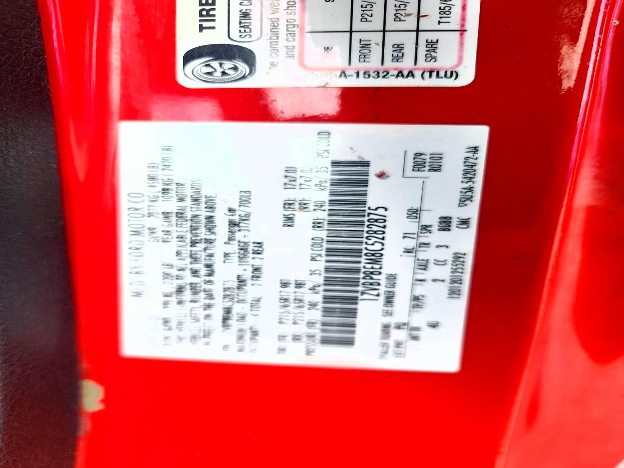 2012 Ford Mustang Red vin: 1ZVBP8EM8C5282875