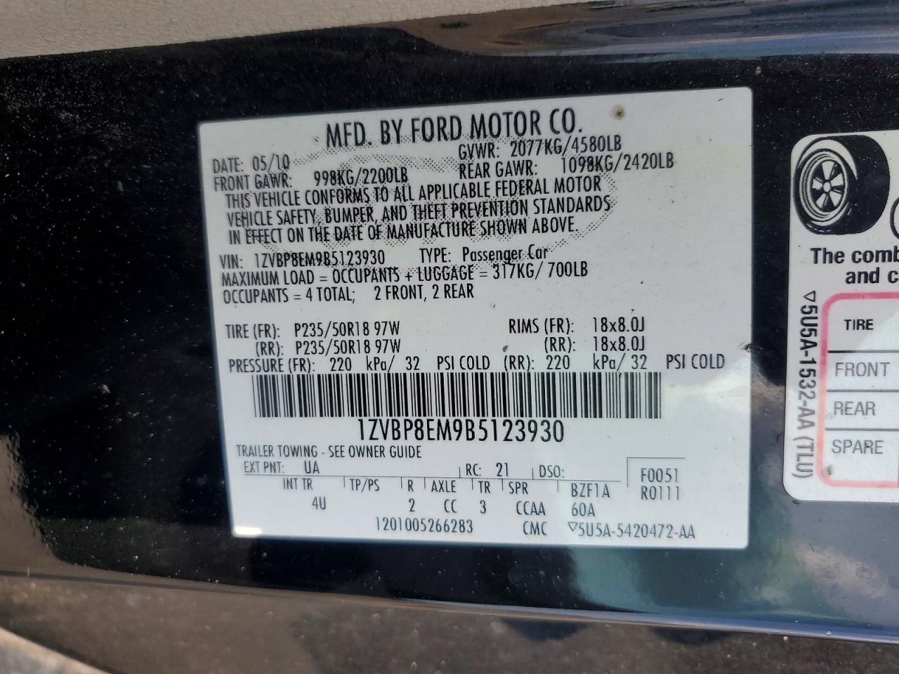 2011 Ford Mustang Black vin: 1ZVBP8EM9B5123930