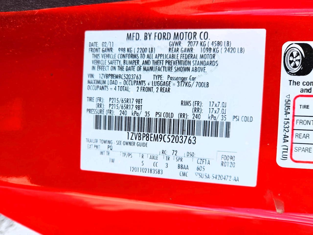 2012 Ford Mustang Red vin: 1ZVBP8EM9C5203763
