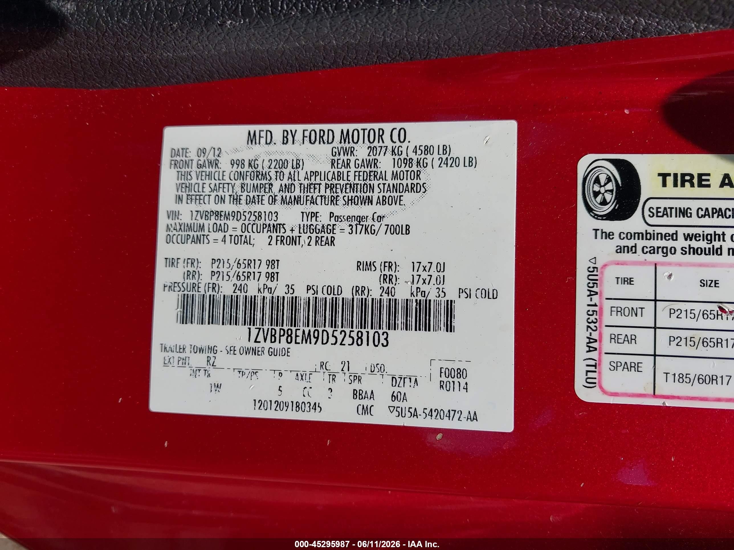 2013 Ford Mustang V6 Красный vin: 1ZVBP8EM9D5258103