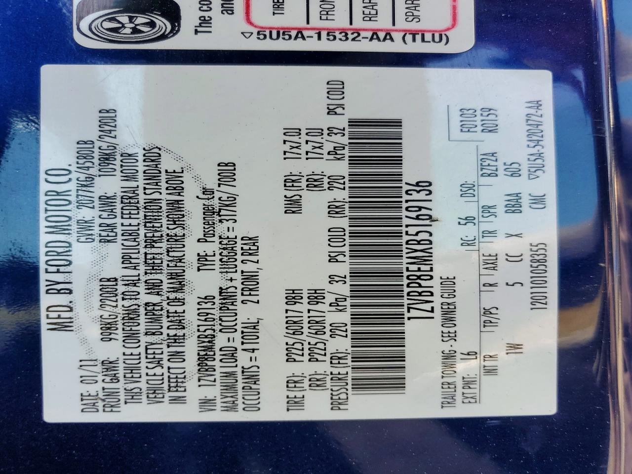 2011 Ford Mustang Blue vin: 1ZVBP8EMXB5169136