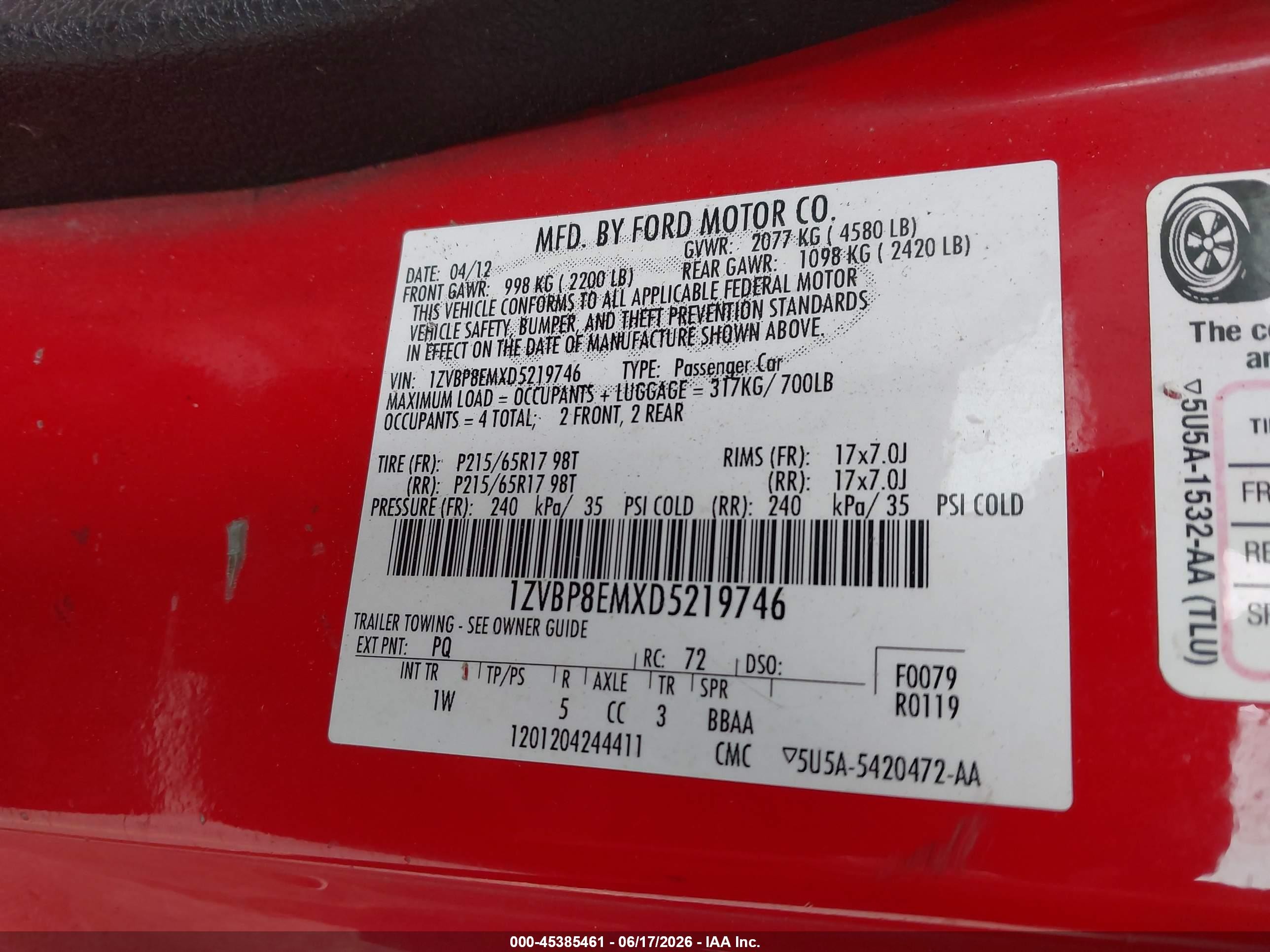 2013 Ford Mustang V6 Red vin: 1ZVBP8EMXD5219746
