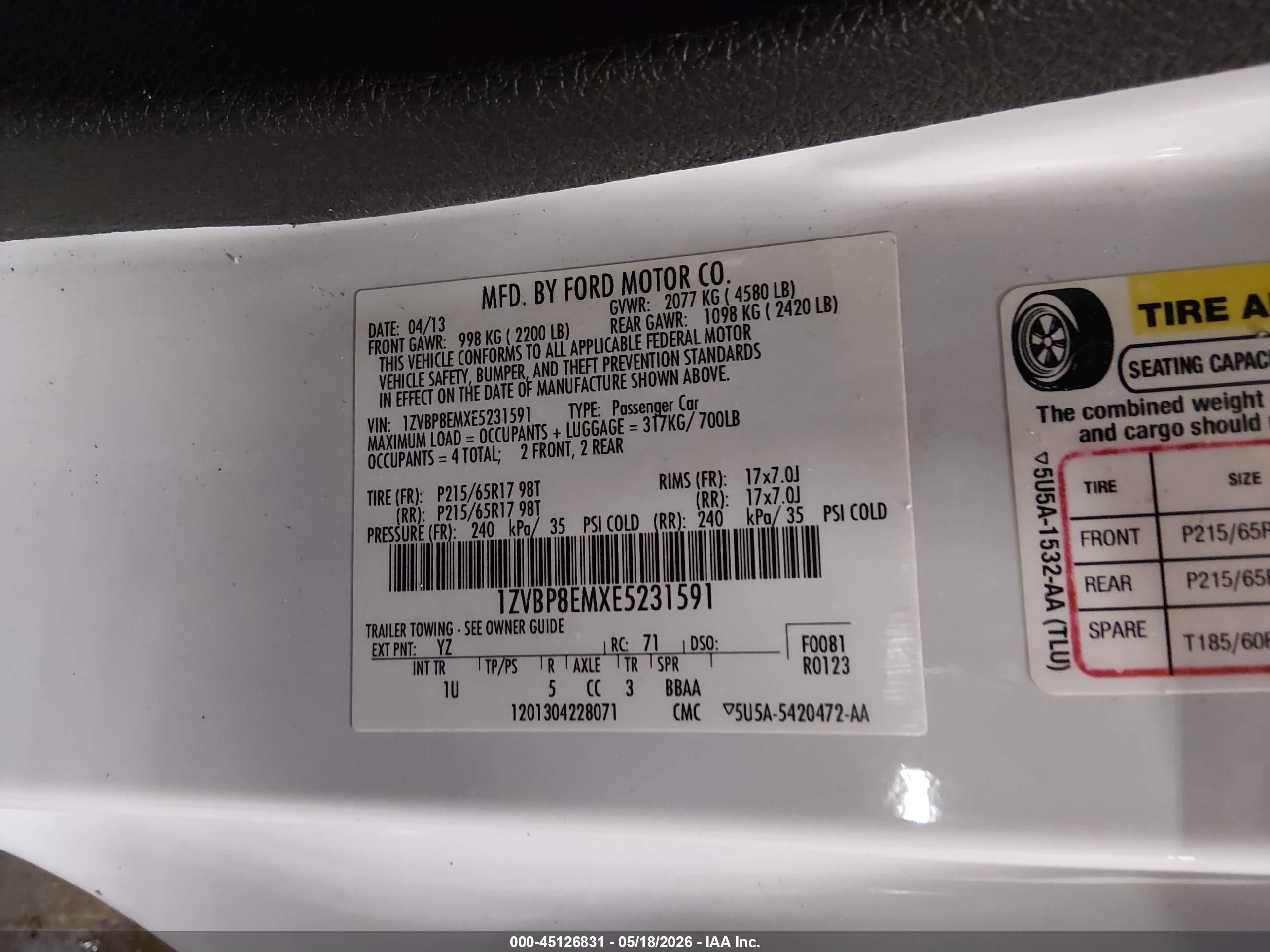 2014 Ford Mustang V6 White vin: 1ZVBP8EMXE5231591