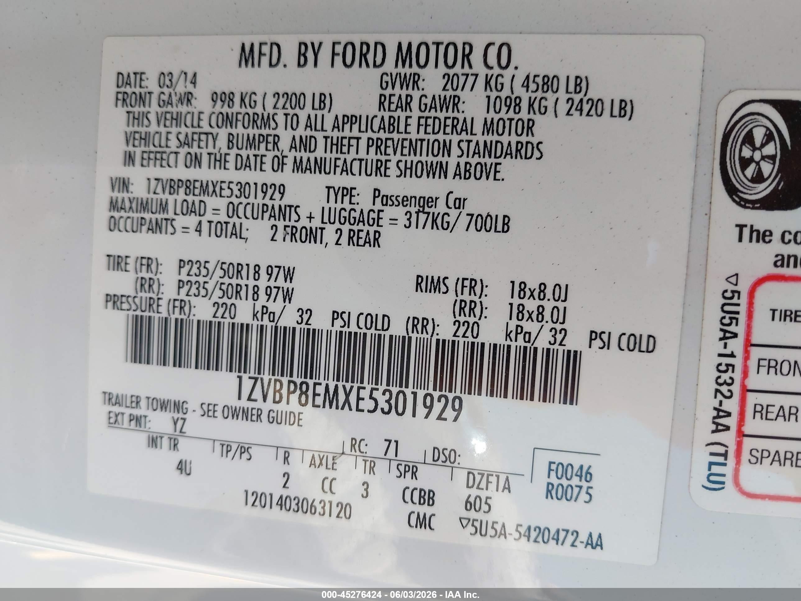 2014 Ford Mustang V6 Premium White vin: 1ZVBP8EMXE5301929