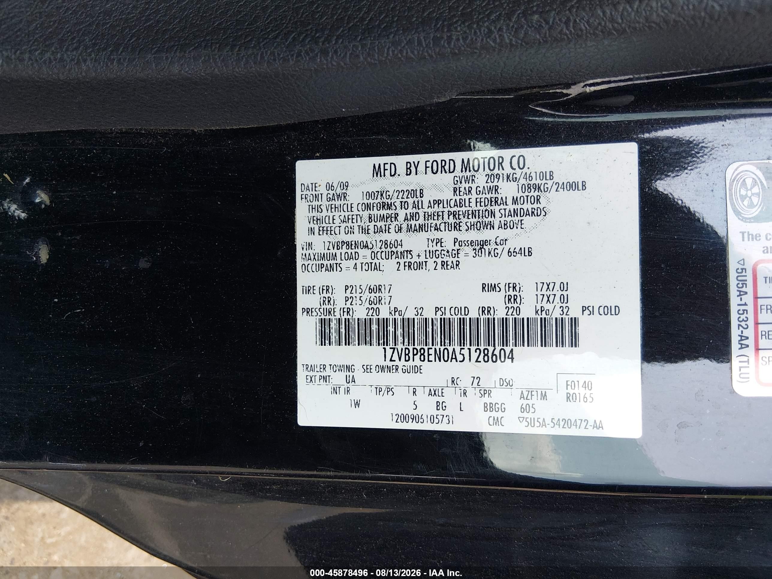 2010 Ford Mustang V6/v6 Premium Black vin: 1ZVBP8EN0A5128604