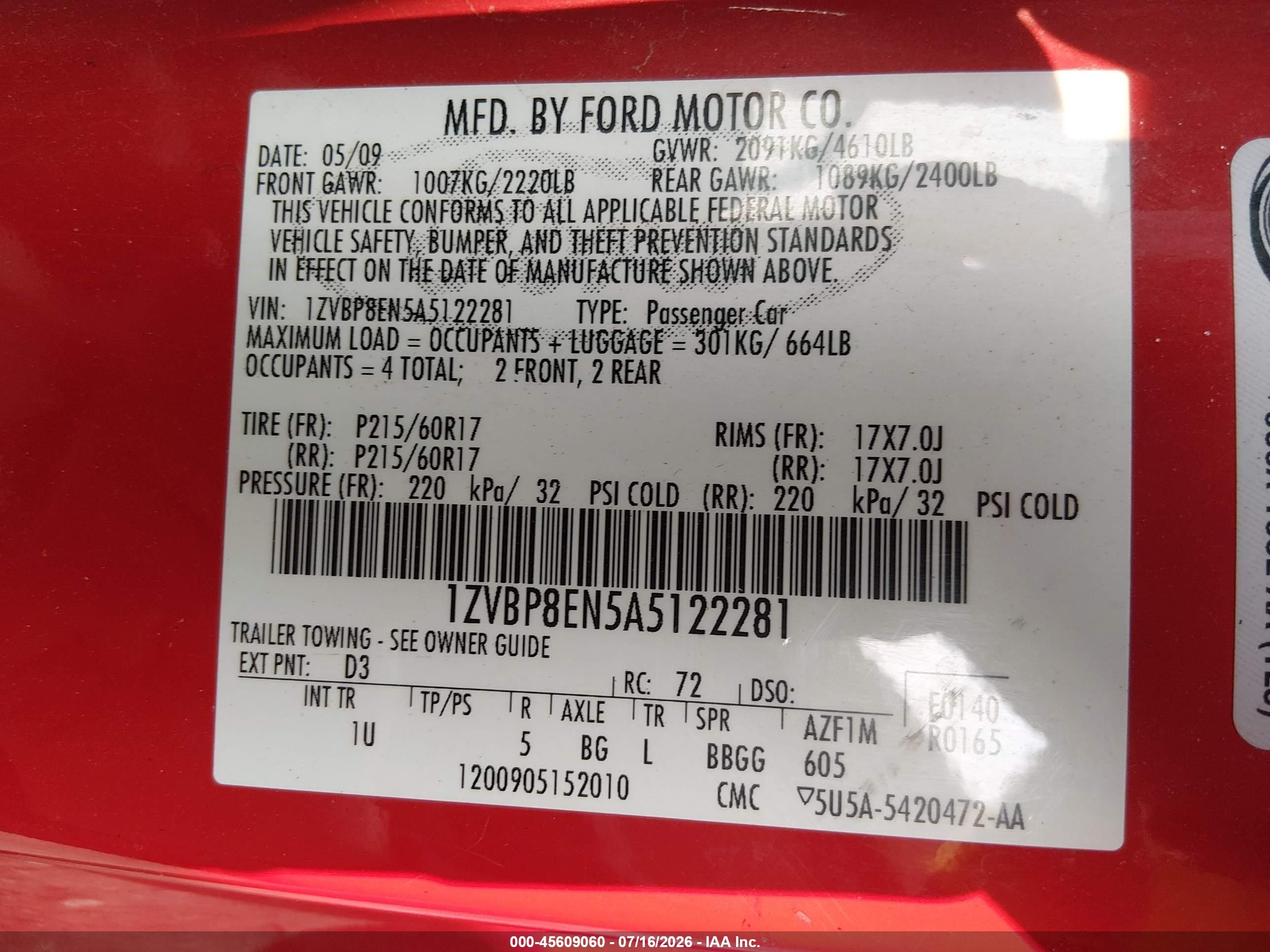 2010 Ford Mustang V6/v6 Premium Red vin: 1ZVBP8EN5A5122281