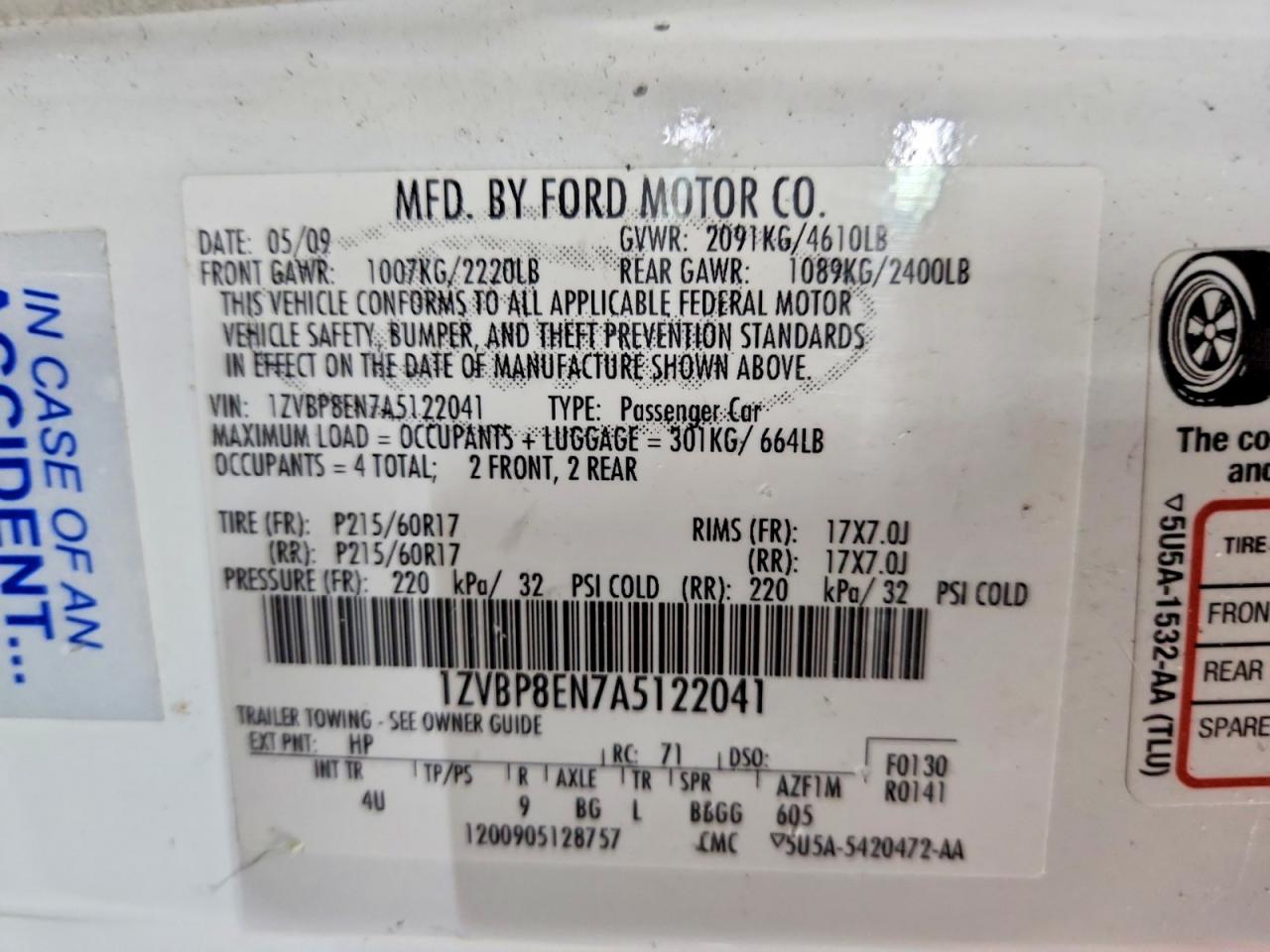 2010 Ford Mustang White vin: 1ZVBP8EN7A5122041