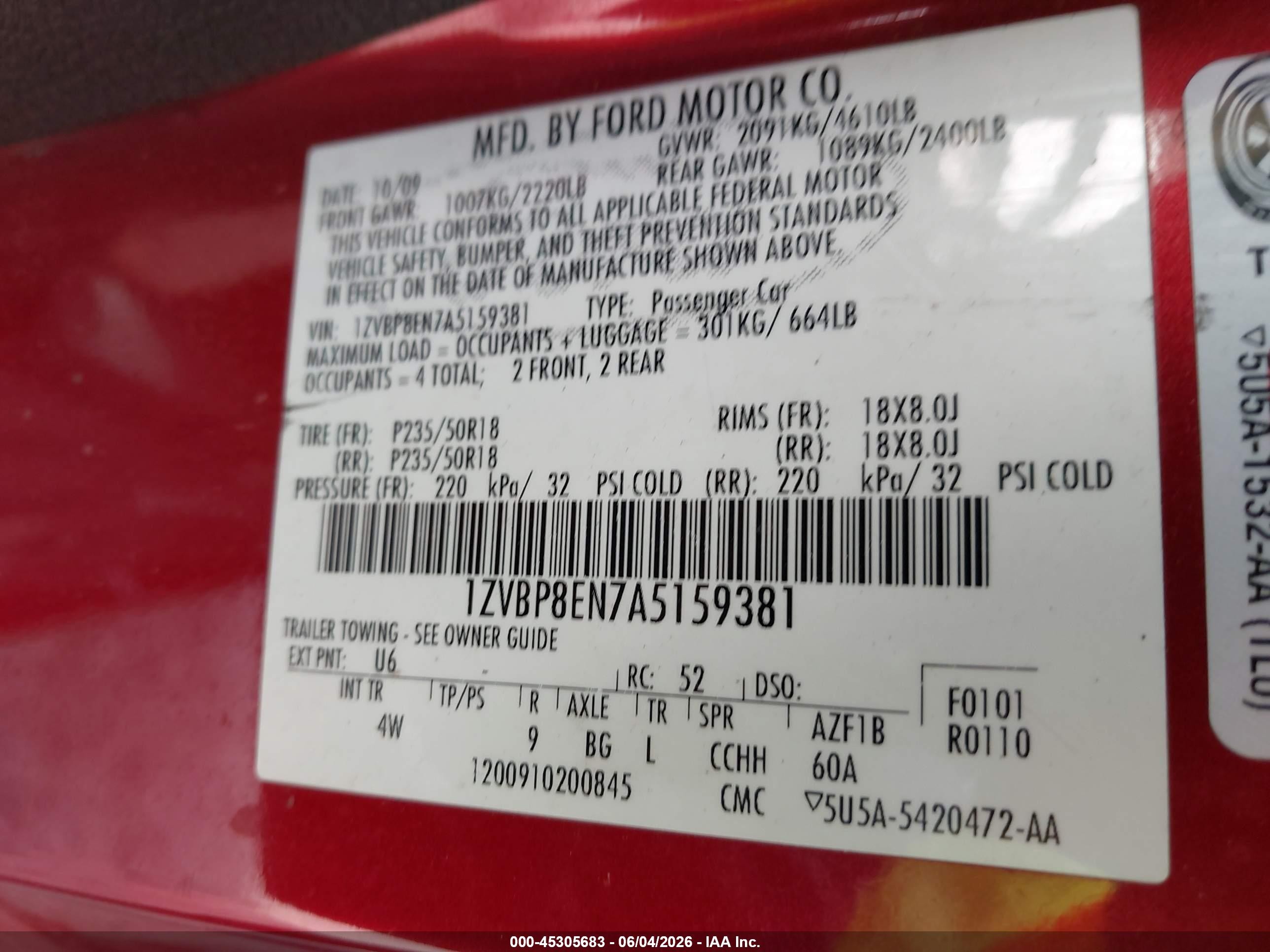 2010 Ford Mustang V6/v6 Premium Red vin: 1ZVBP8EN7A5159381