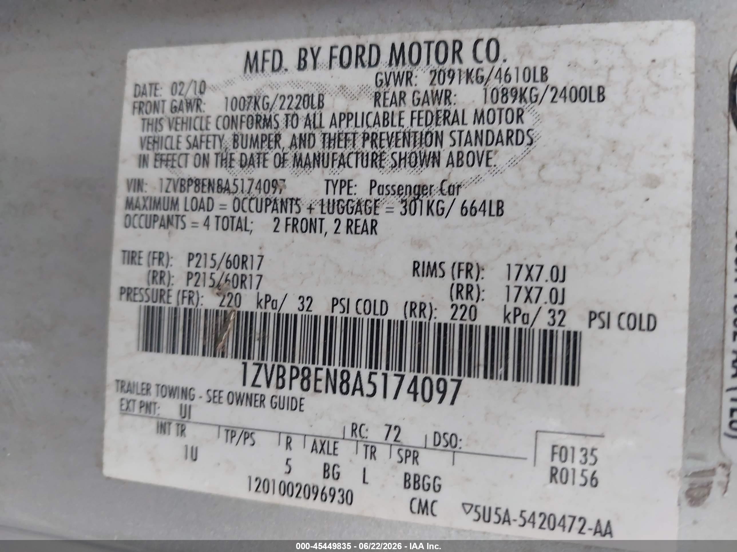 2010 Ford Mustang V6/v6 Premium Silver vin: 1ZVBP8EN8A5174097