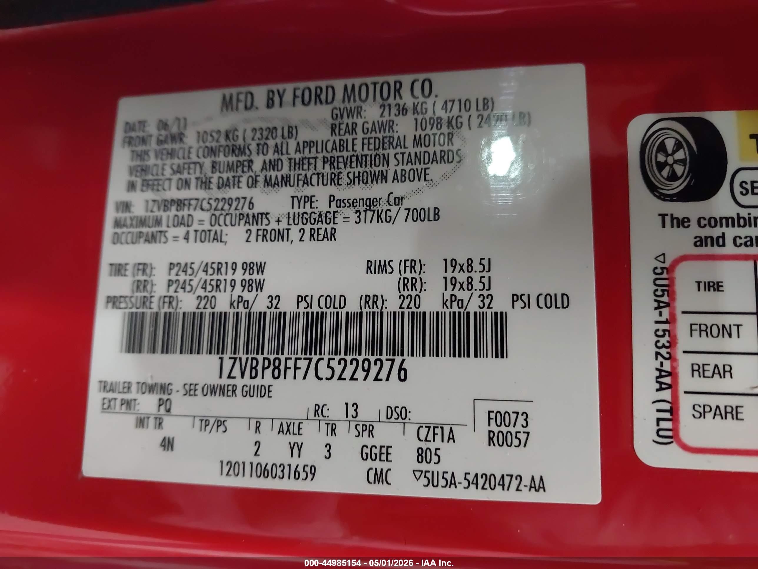 2012 Ford Mustang Gt Premium Red vin: 1ZVBP8FF7C5229276