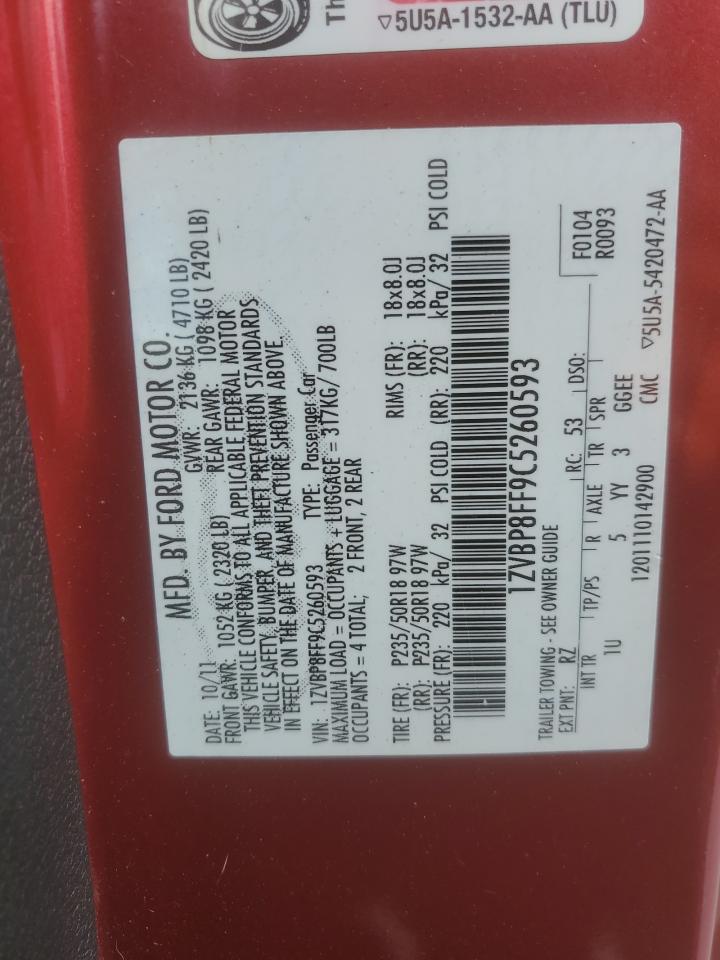 2012 Ford Mustang Gt Red vin: 1ZVBP8FF9C5260593