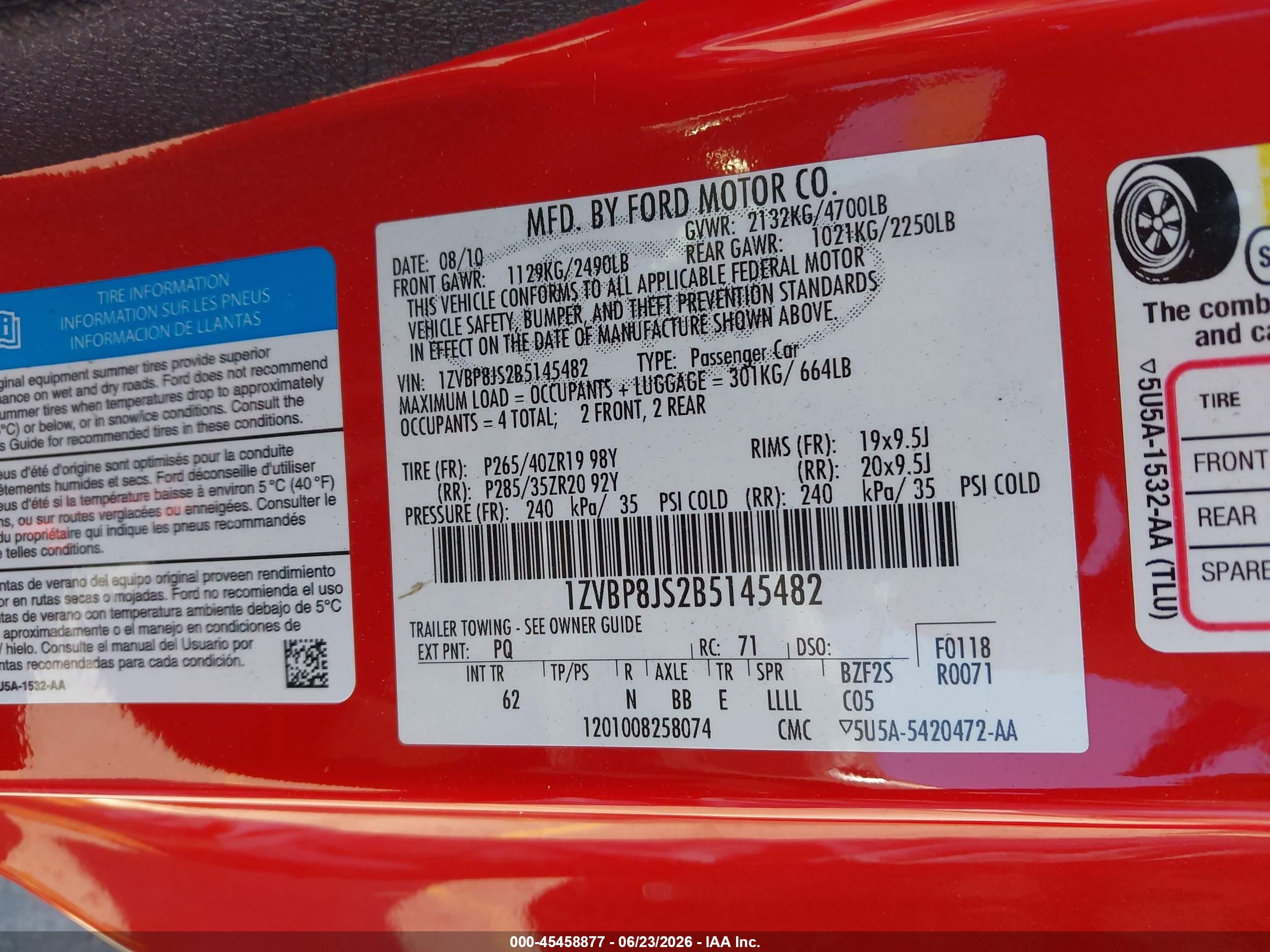 2011 Ford Shelby Gt500   Red vin: 1ZVBP8JS2B5145482