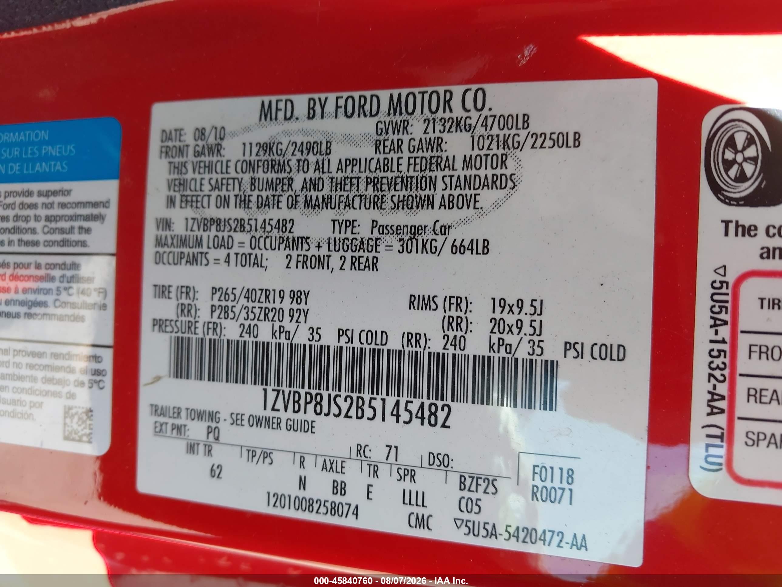 2011 Ford Shelby Gt500   Red vin: 1ZVBP8JS2B5145482