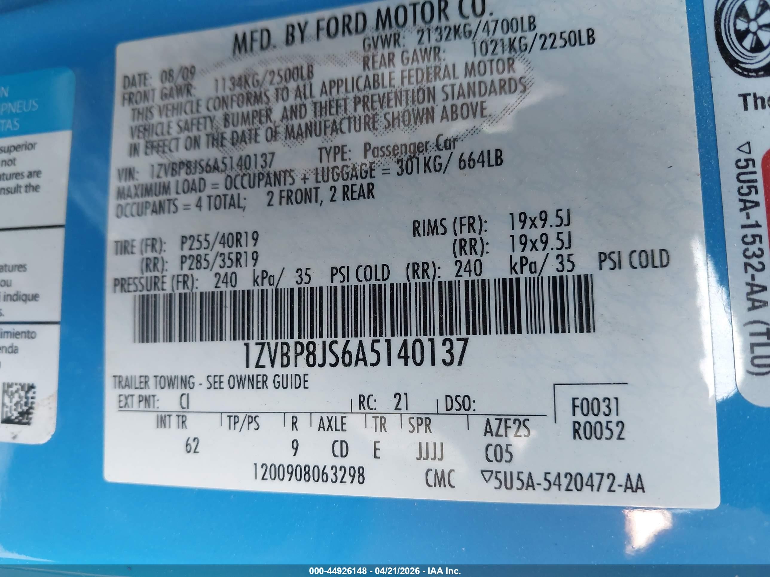 2010 Ford Shelby Gt500   Blue vin: 1ZVBP8JS6A5140137