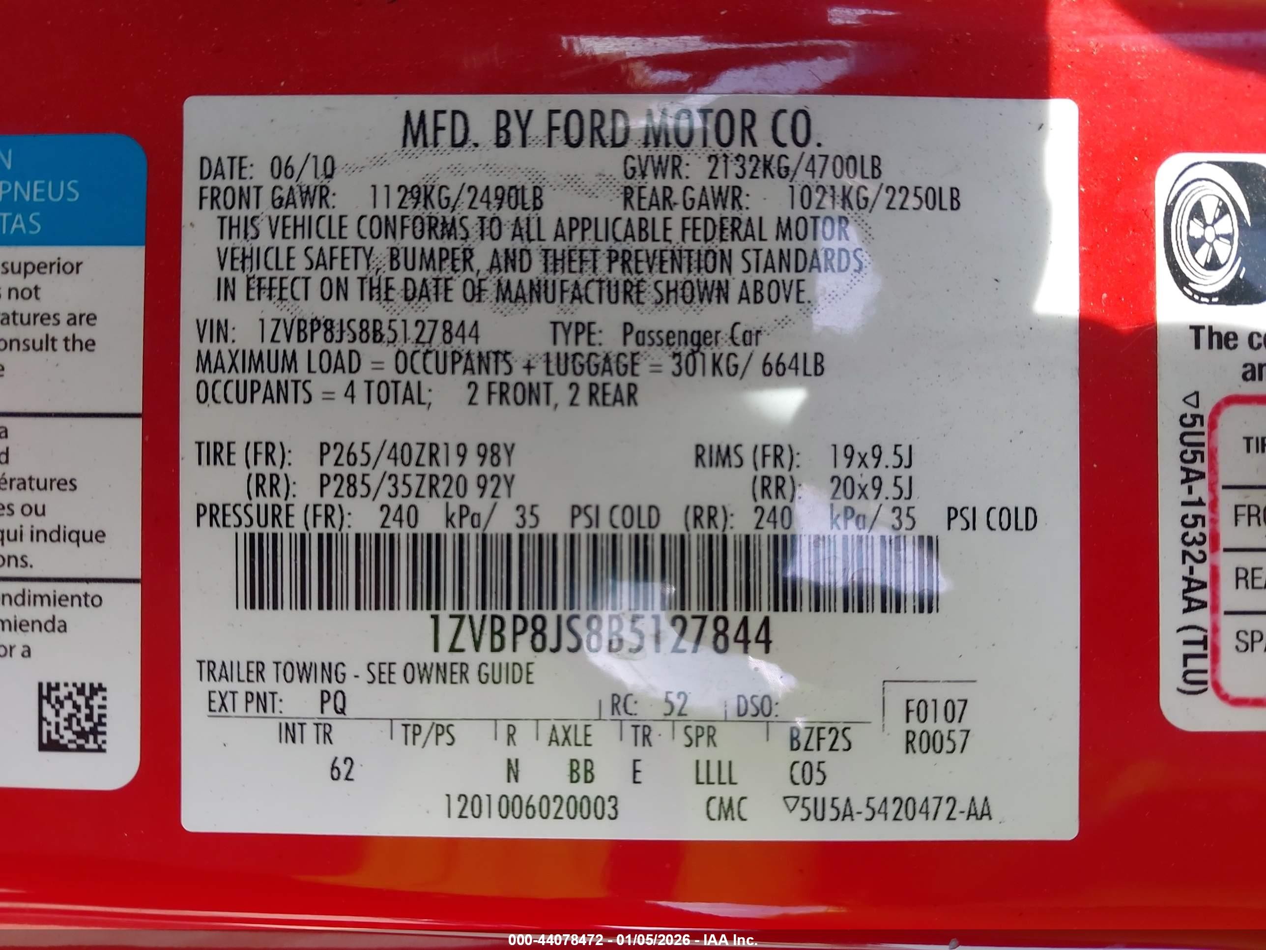2011 Ford Shelby Gt500   Red vin: 1ZVBP8JS8B5127844