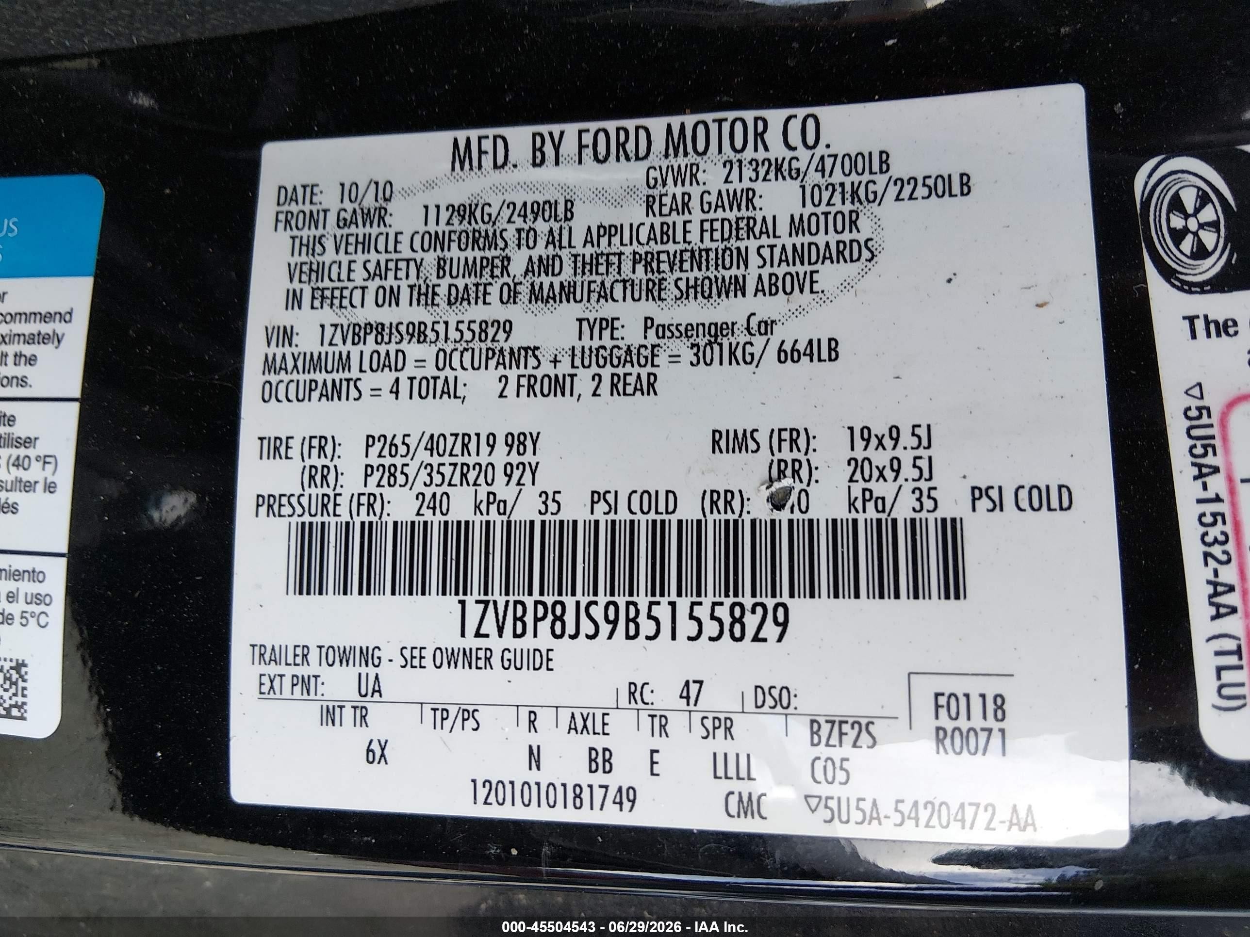 2011 Ford Shelby Gt500 Black vin: 1ZVBP8JS9B5155829