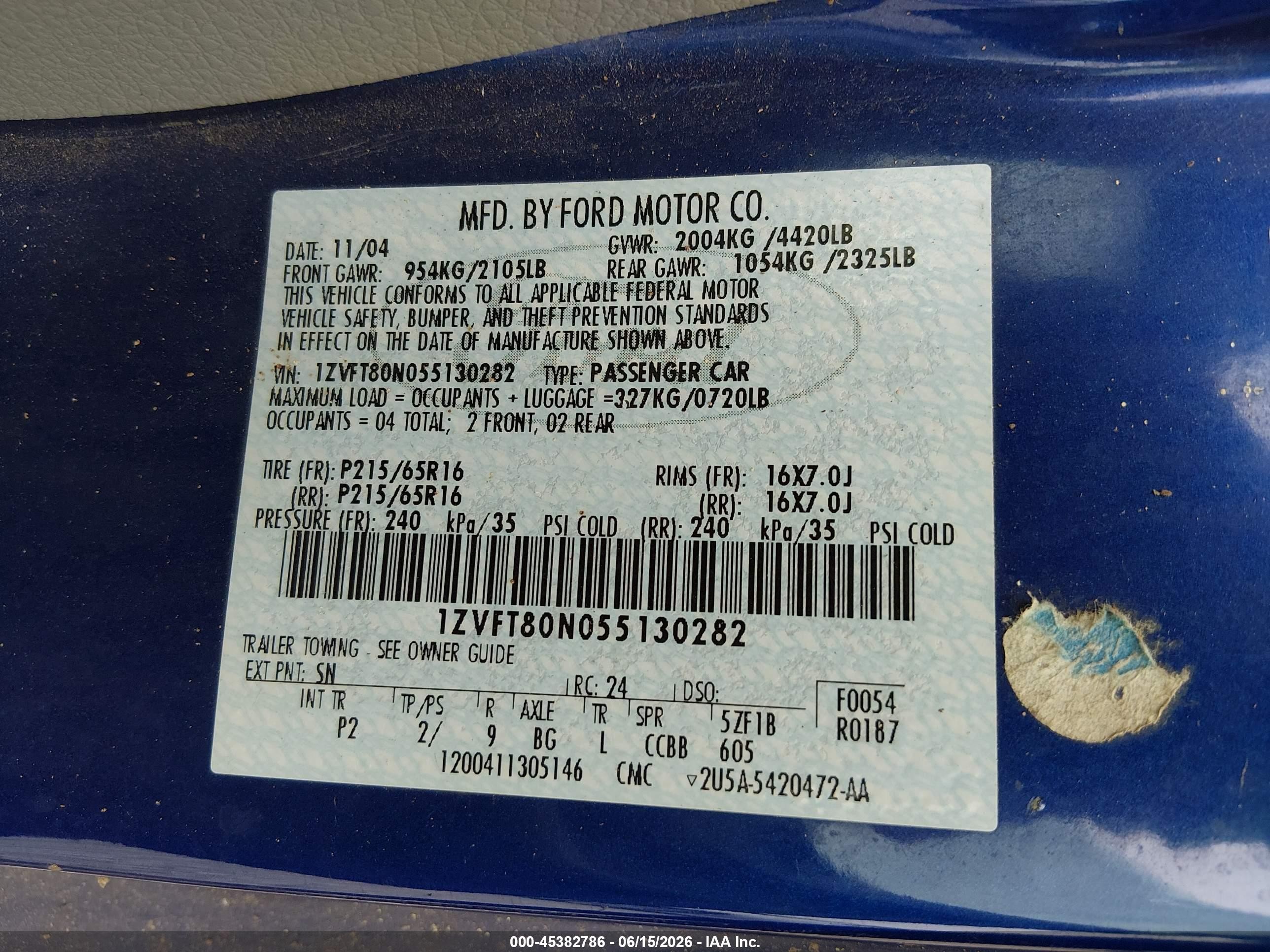 2005 Ford Mustang V6 Deluxe/v6 Premium Blue vin: 1ZVFT80N055130282