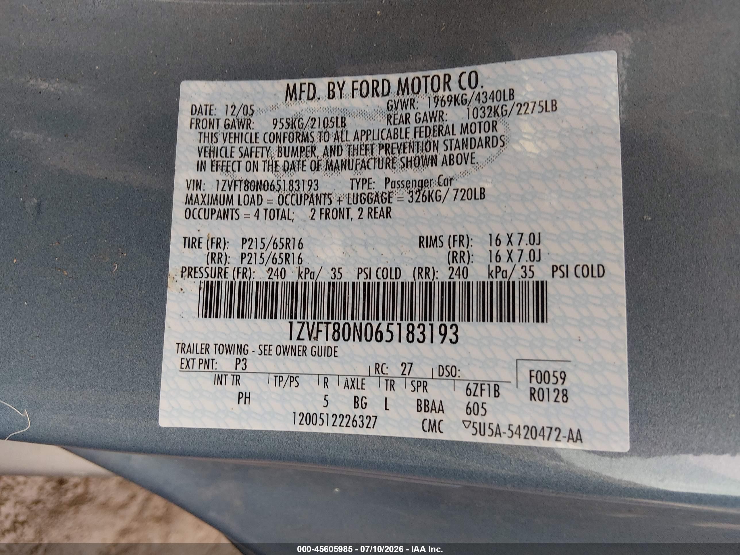 2006 Ford Mustang V6 Blue vin: 1ZVFT80N065183193