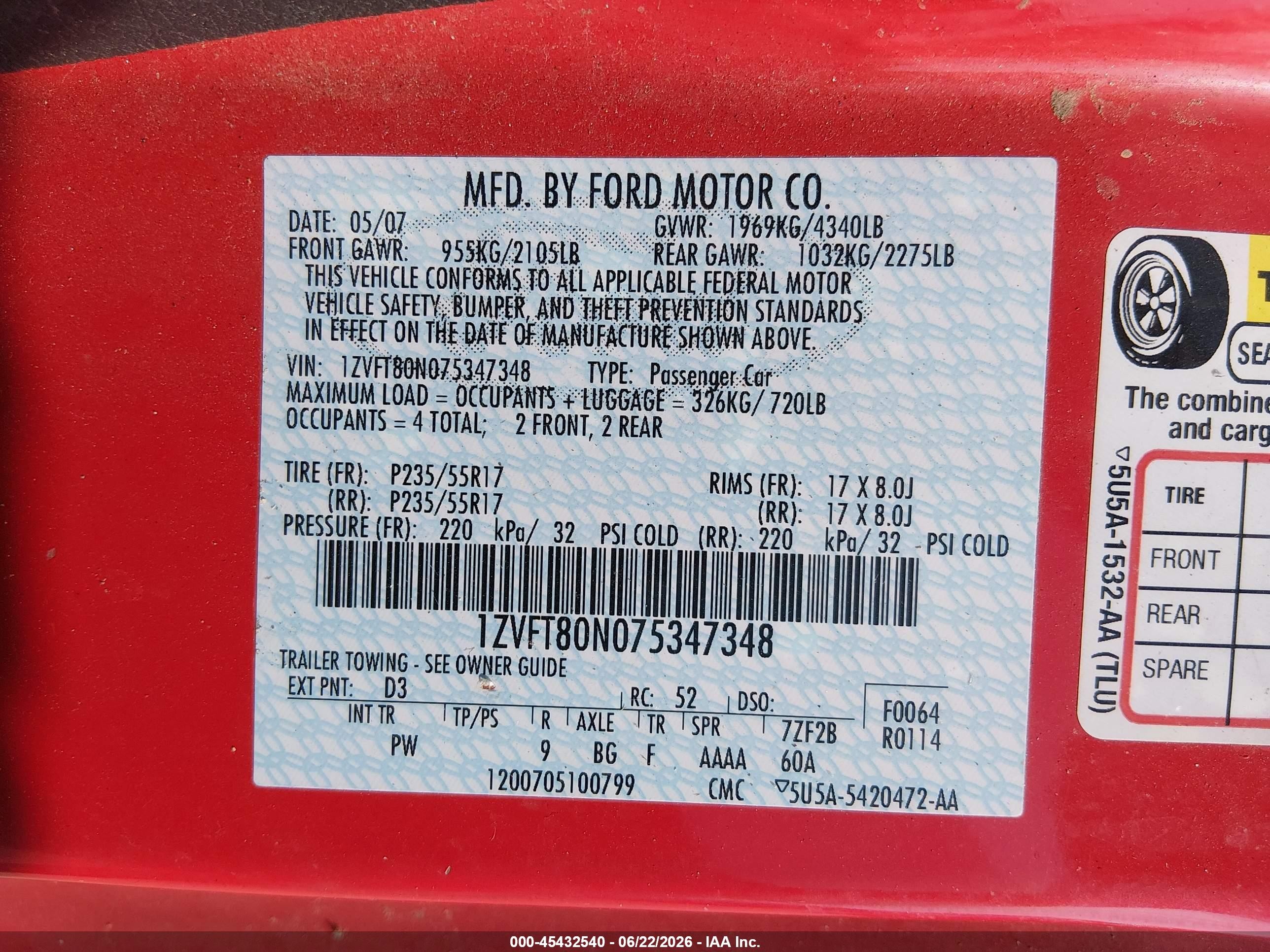 2007 Ford Mustang V6 Deluxe/v6 Premium Красный vin: 1ZVFT80N075347348
