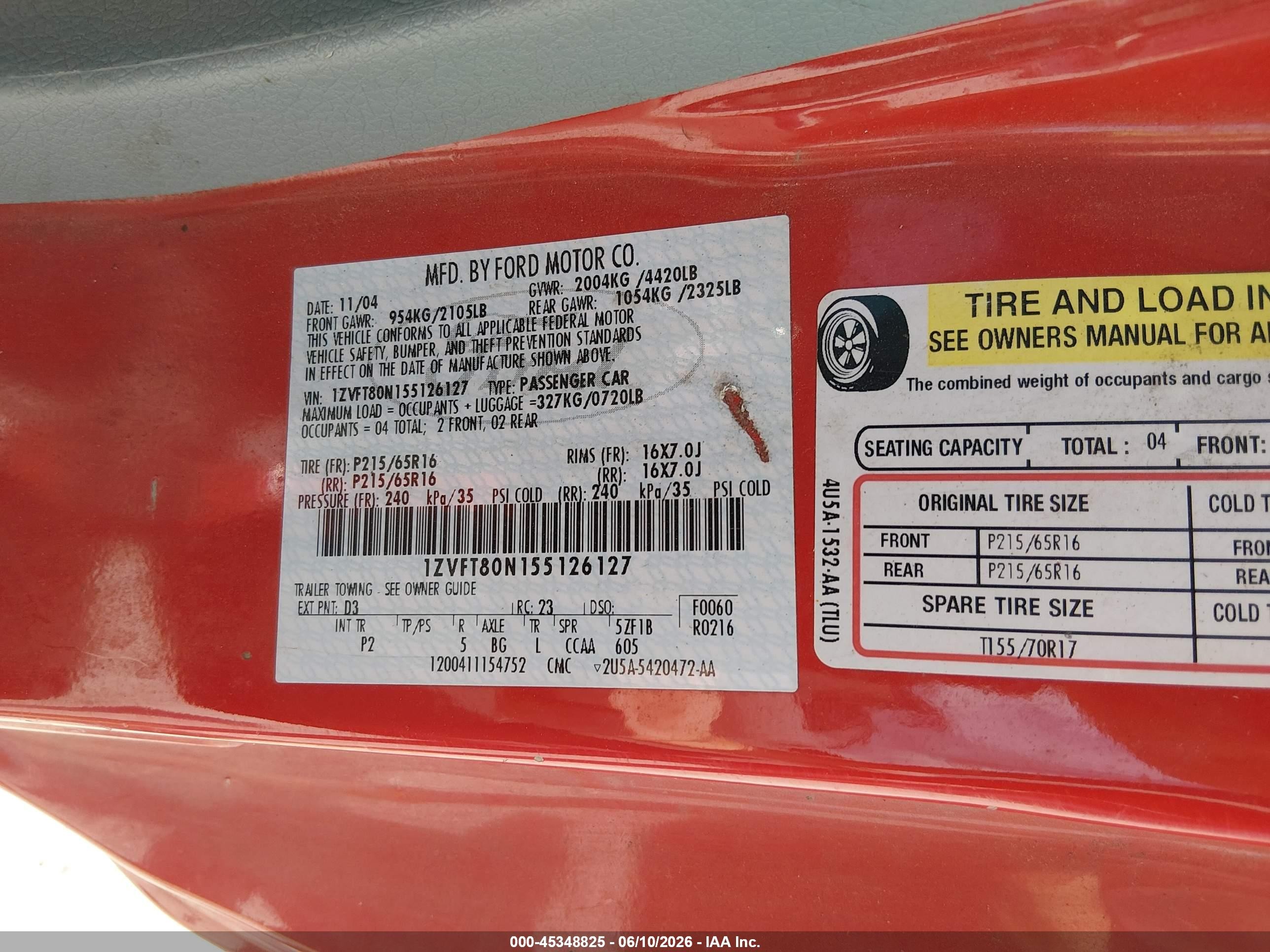 2005 Ford Mustang V6 Deluxe/v6 Premium Red vin: 1ZVFT80N155126127
