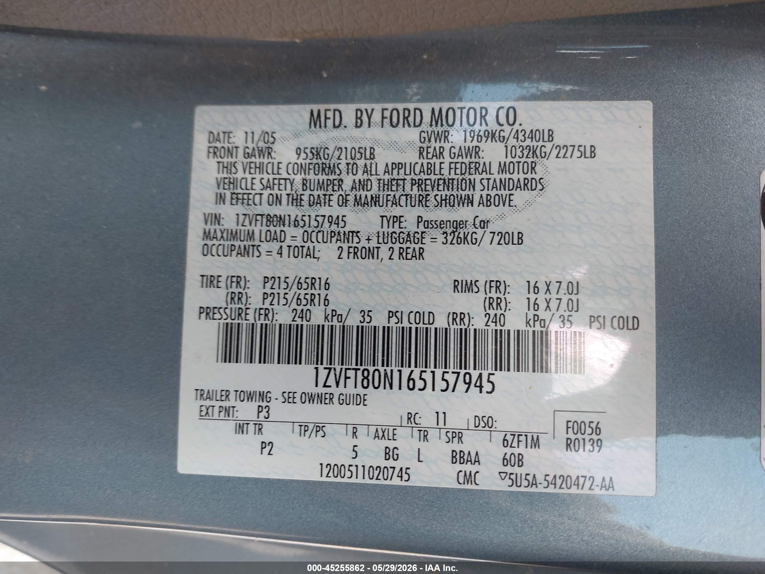 2006 Ford Mustang V6 Blue vin: 1ZVFT80N165157945