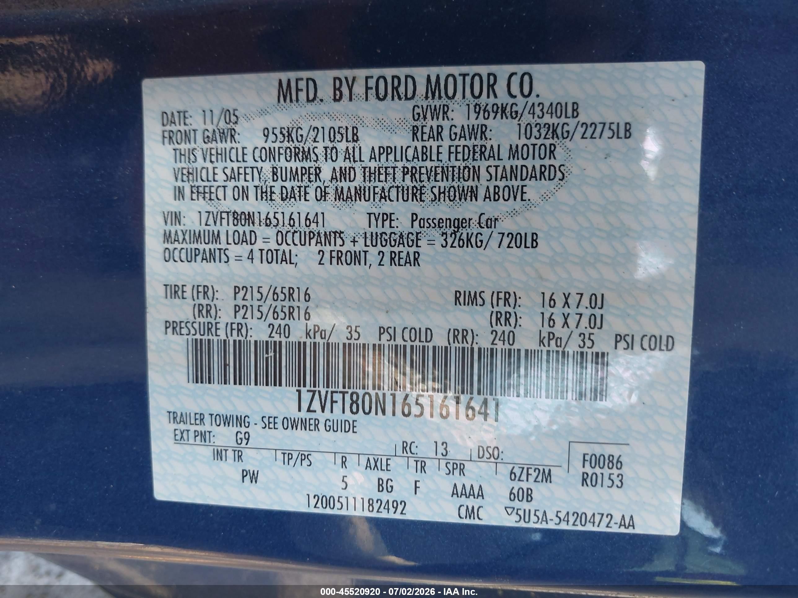 2006 Ford Mustang V6 Blue vin: 1ZVFT80N165161641