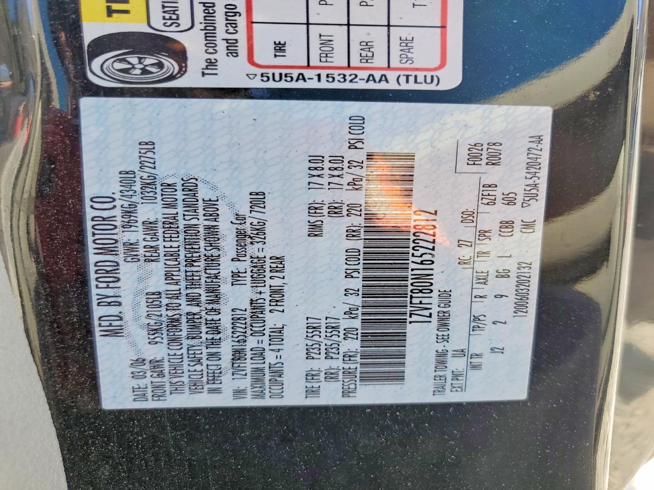 2006 Ford Mustang Black vin: 1ZVFT80N165222812