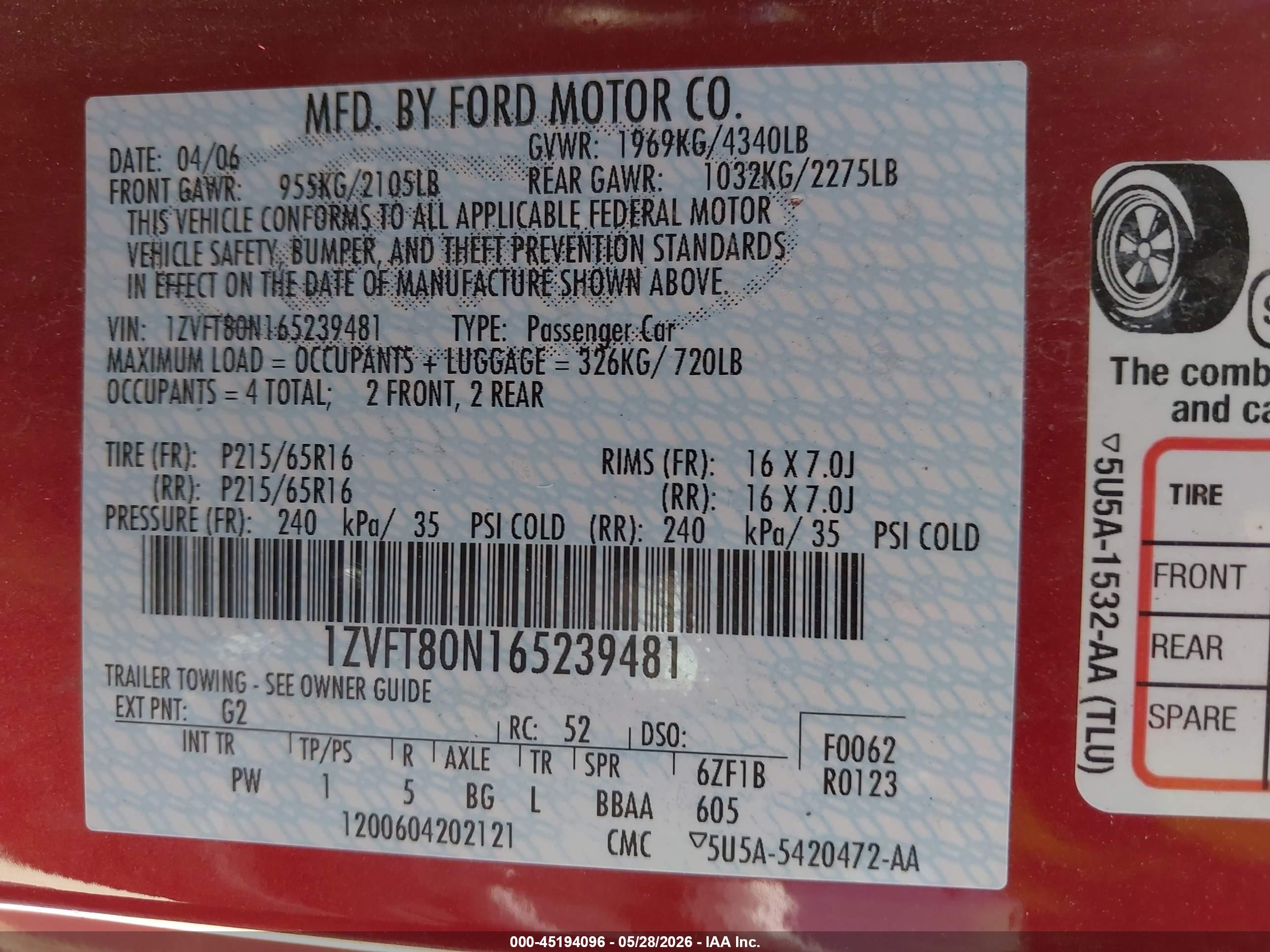 2006 Ford Mustang V6 Red vin: 1ZVFT80N165239481