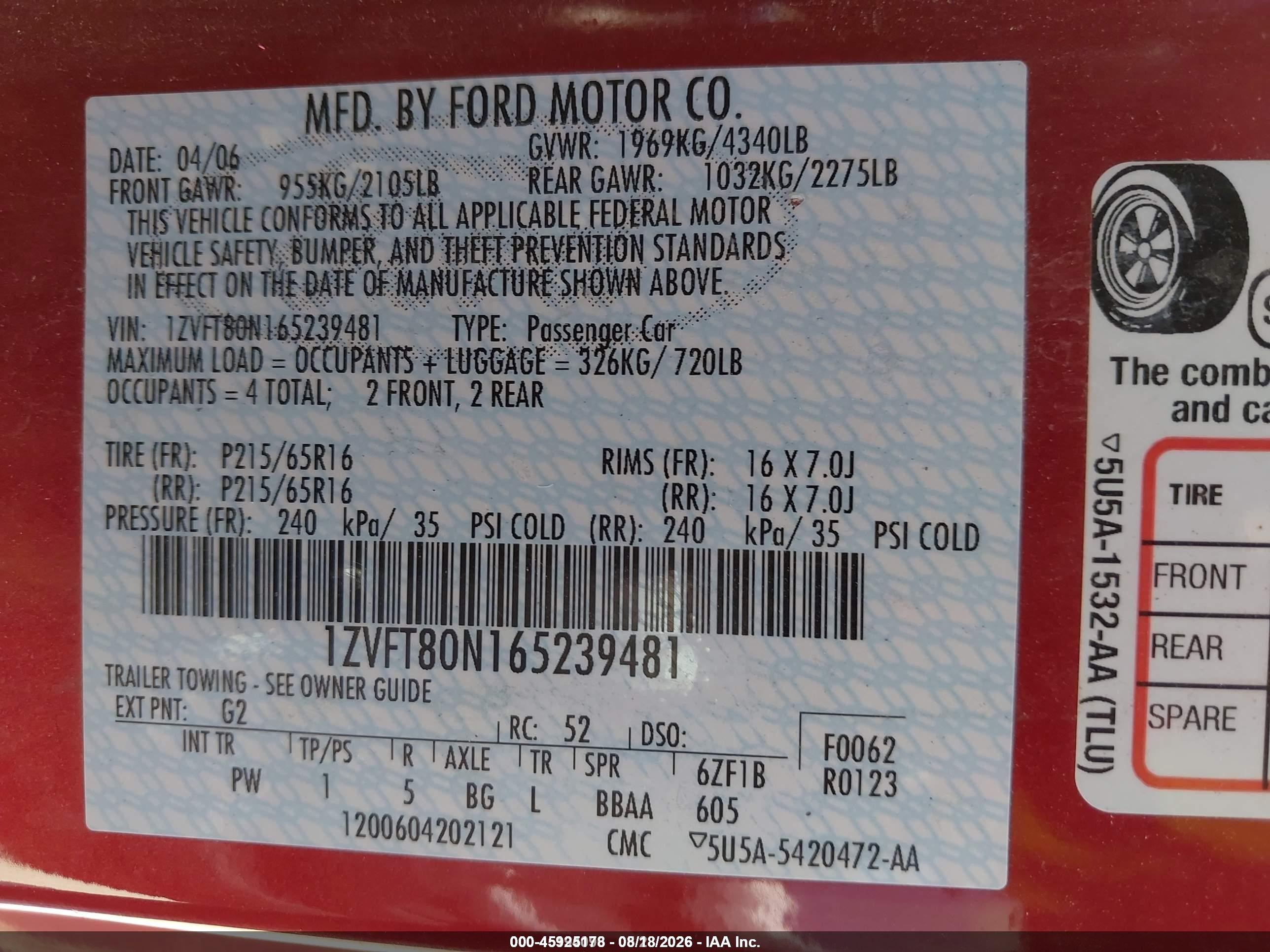 2006 Ford Mustang V6 Красный vin: 1ZVFT80N165239481