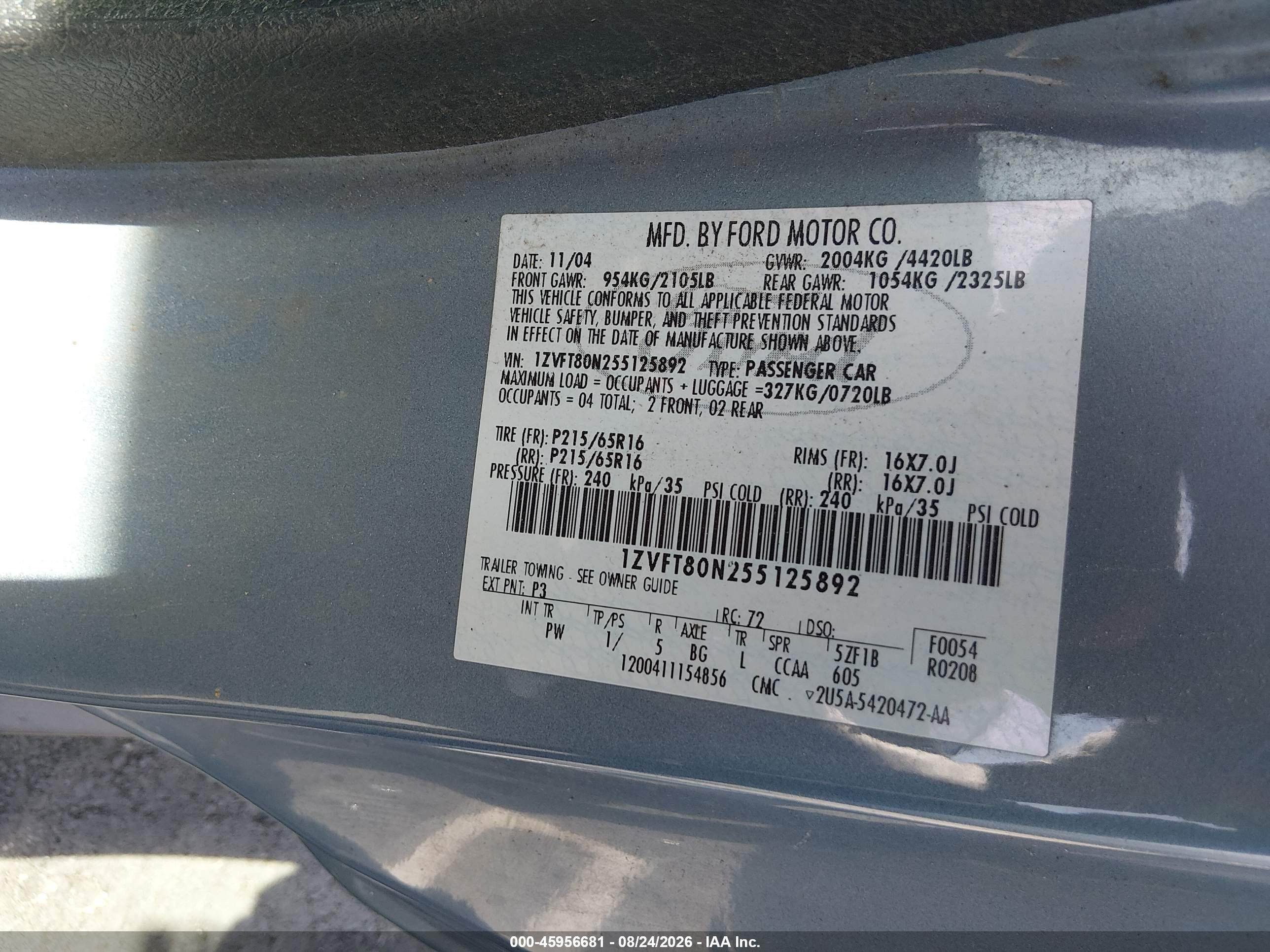 2005 Ford Mustang V6 Deluxe/v6 Premium Blue vin: 1ZVFT80N255125892