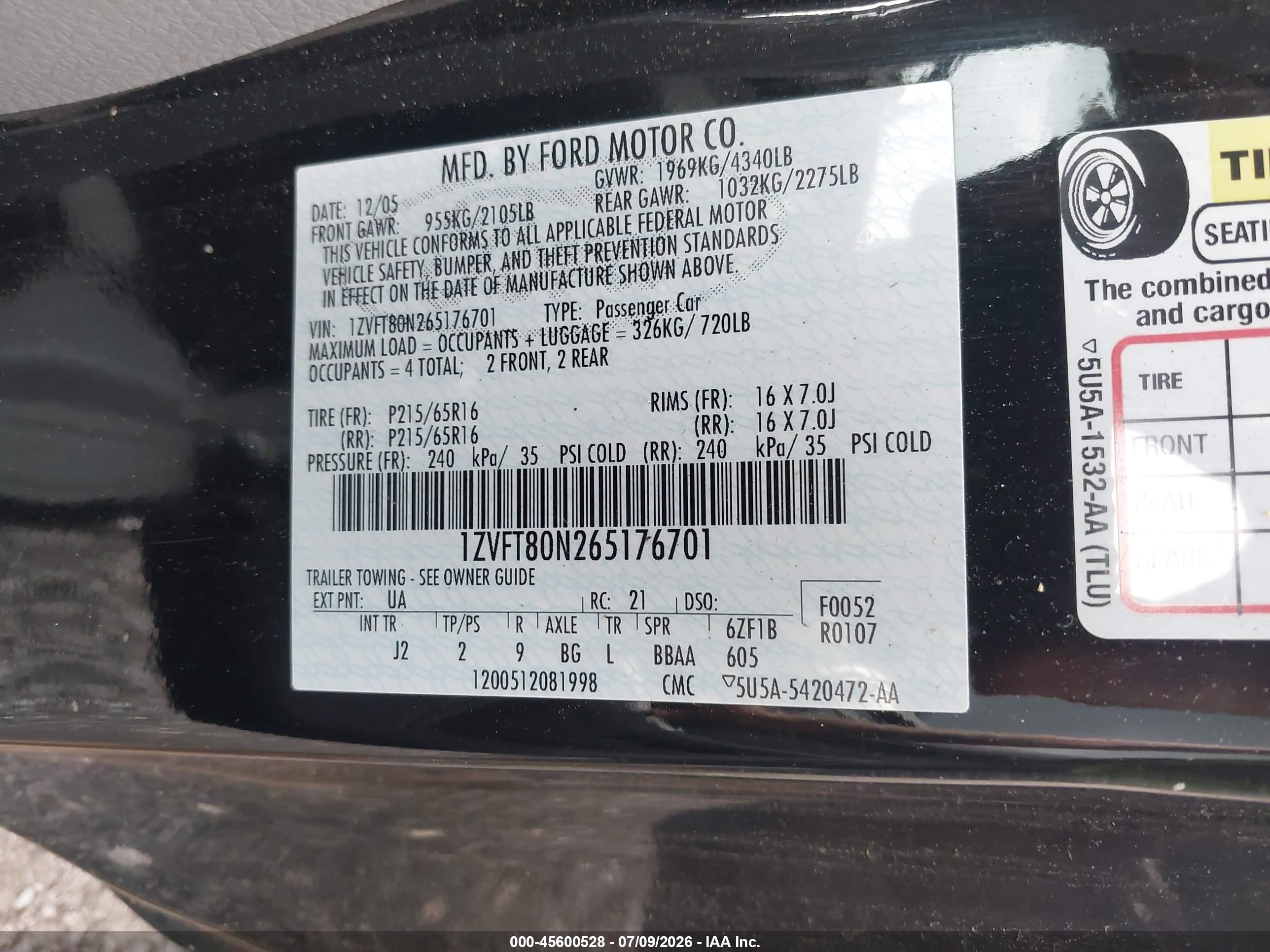 2006 Ford Mustang V6 Black vin: 1ZVFT80N265176701