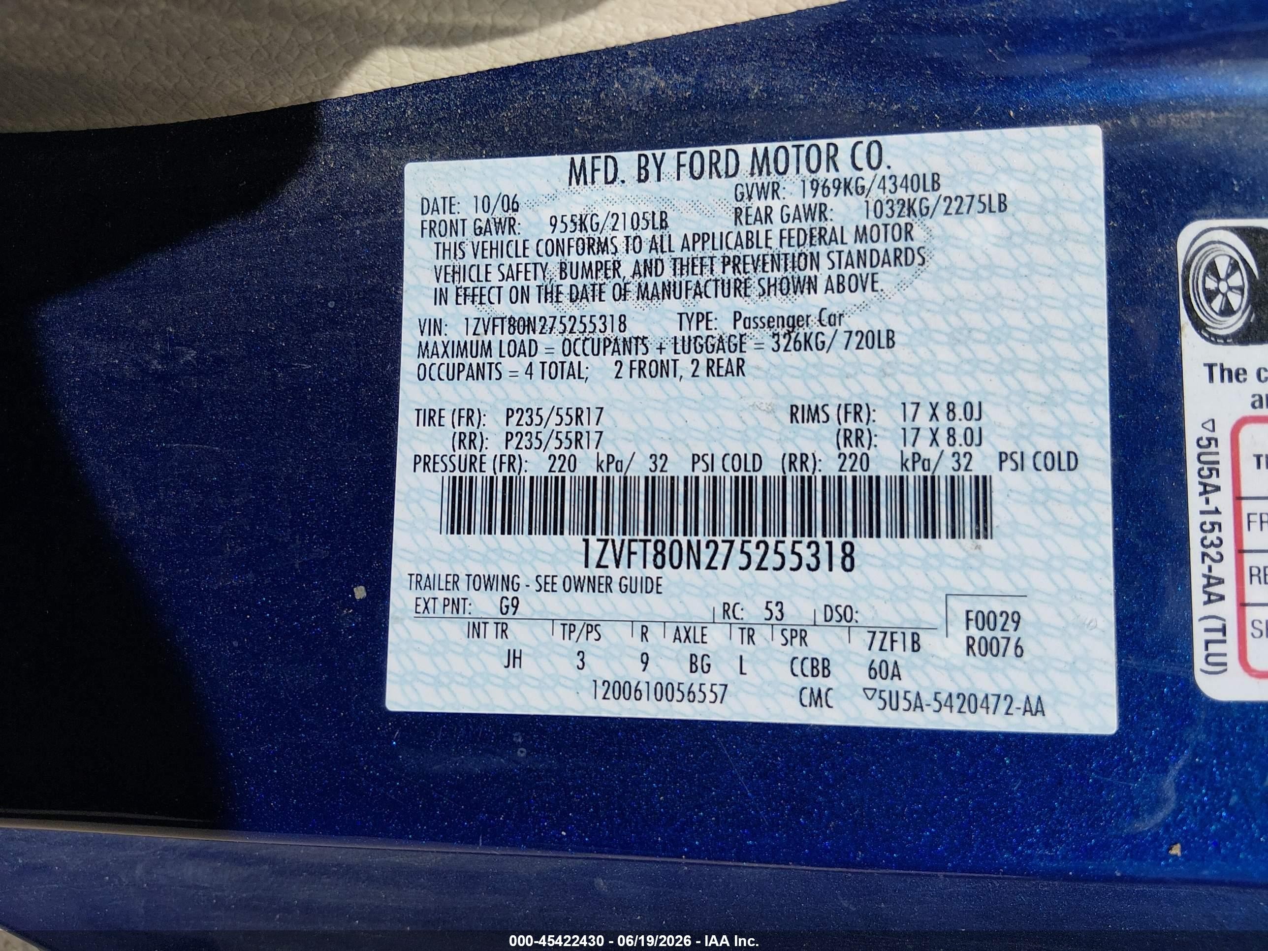 2007 Ford Mustang V6 Deluxe/v6 Premium Blue vin: 1ZVFT80N275255318