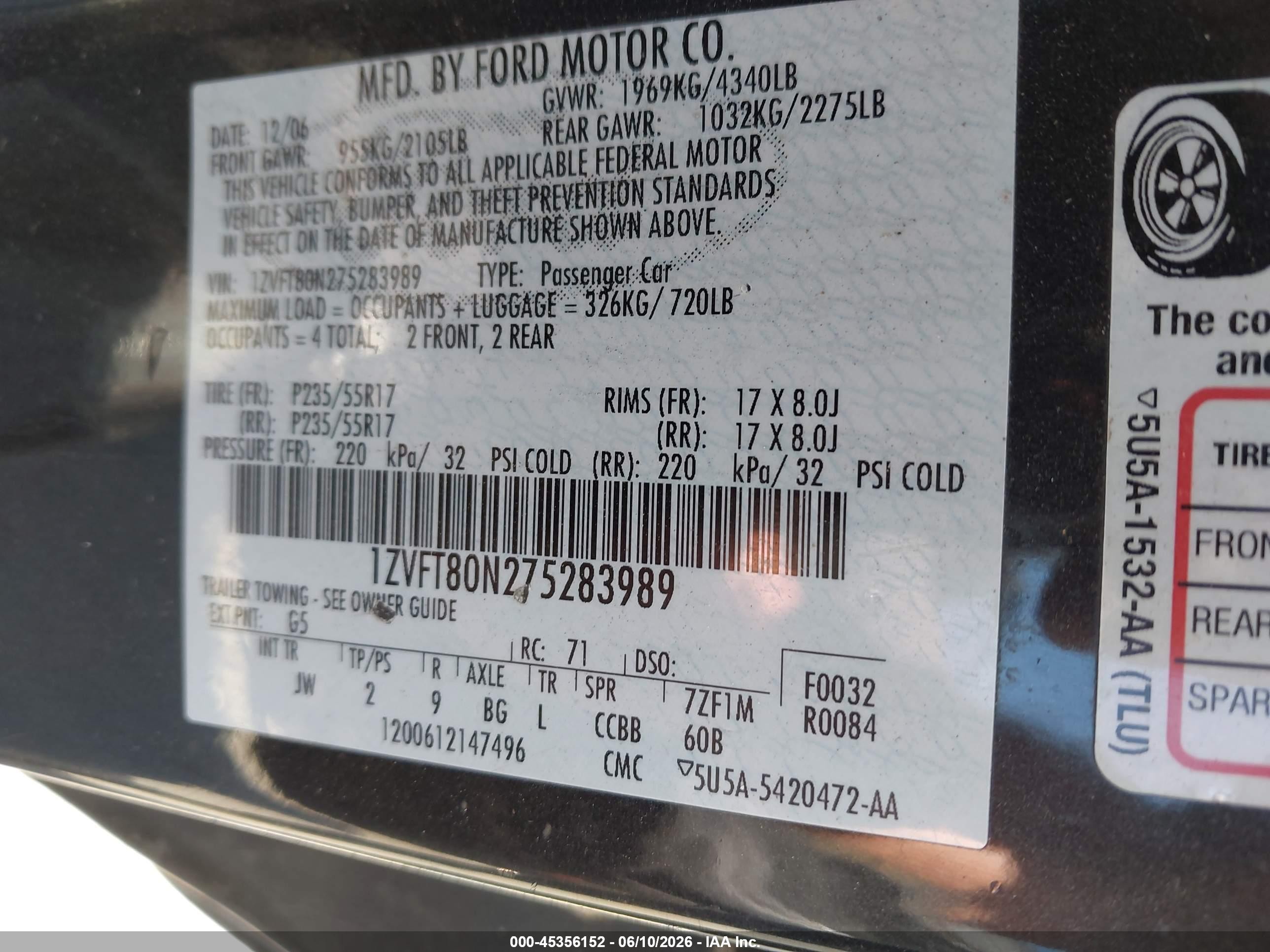 2007 Ford Mustang V6 Deluxe/v6 Premium Gray vin: 1ZVFT80N275283989