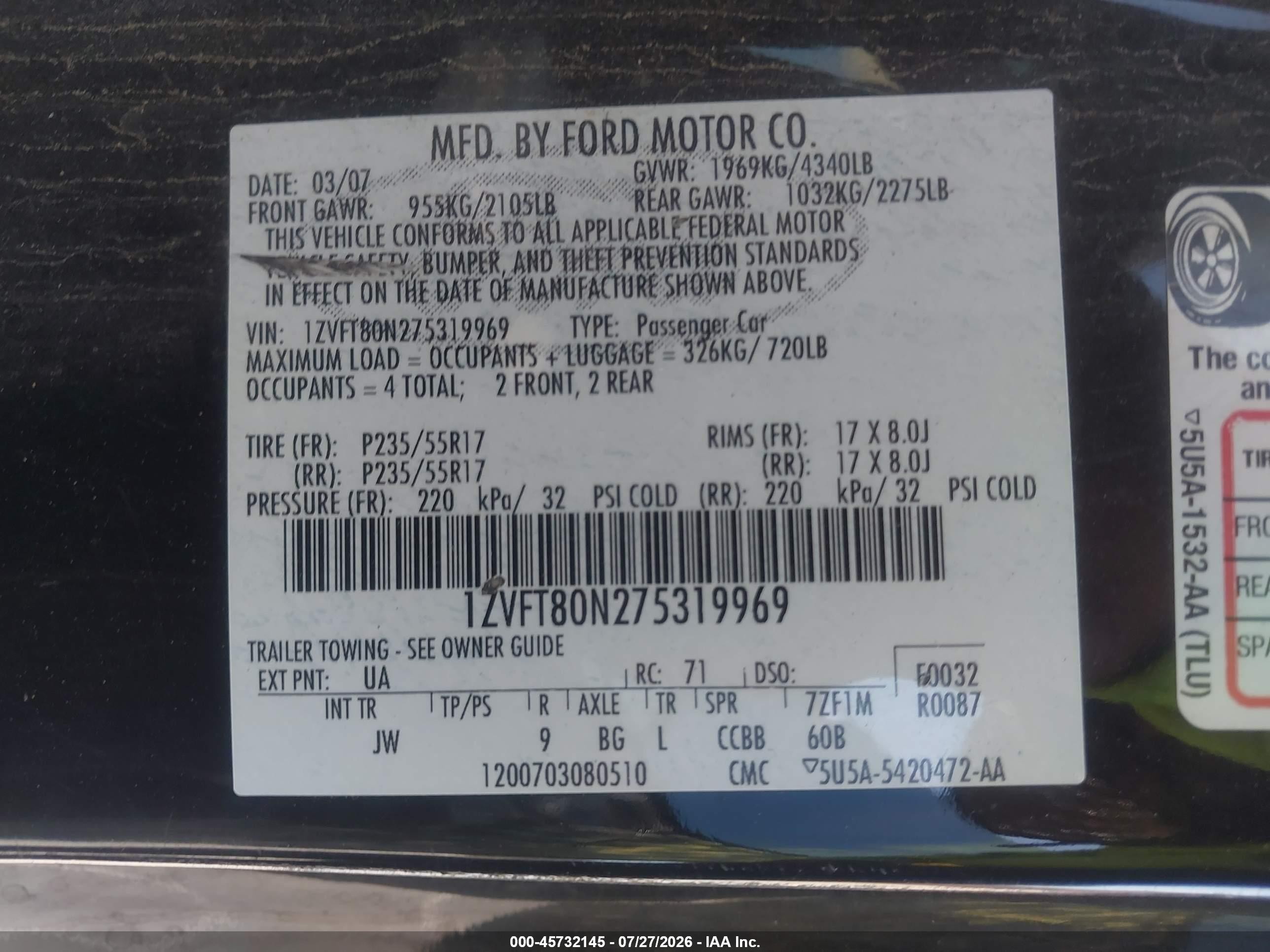2007 Ford Mustang V6 Deluxe/v6 Premium Black vin: 1ZVFT80N275319969