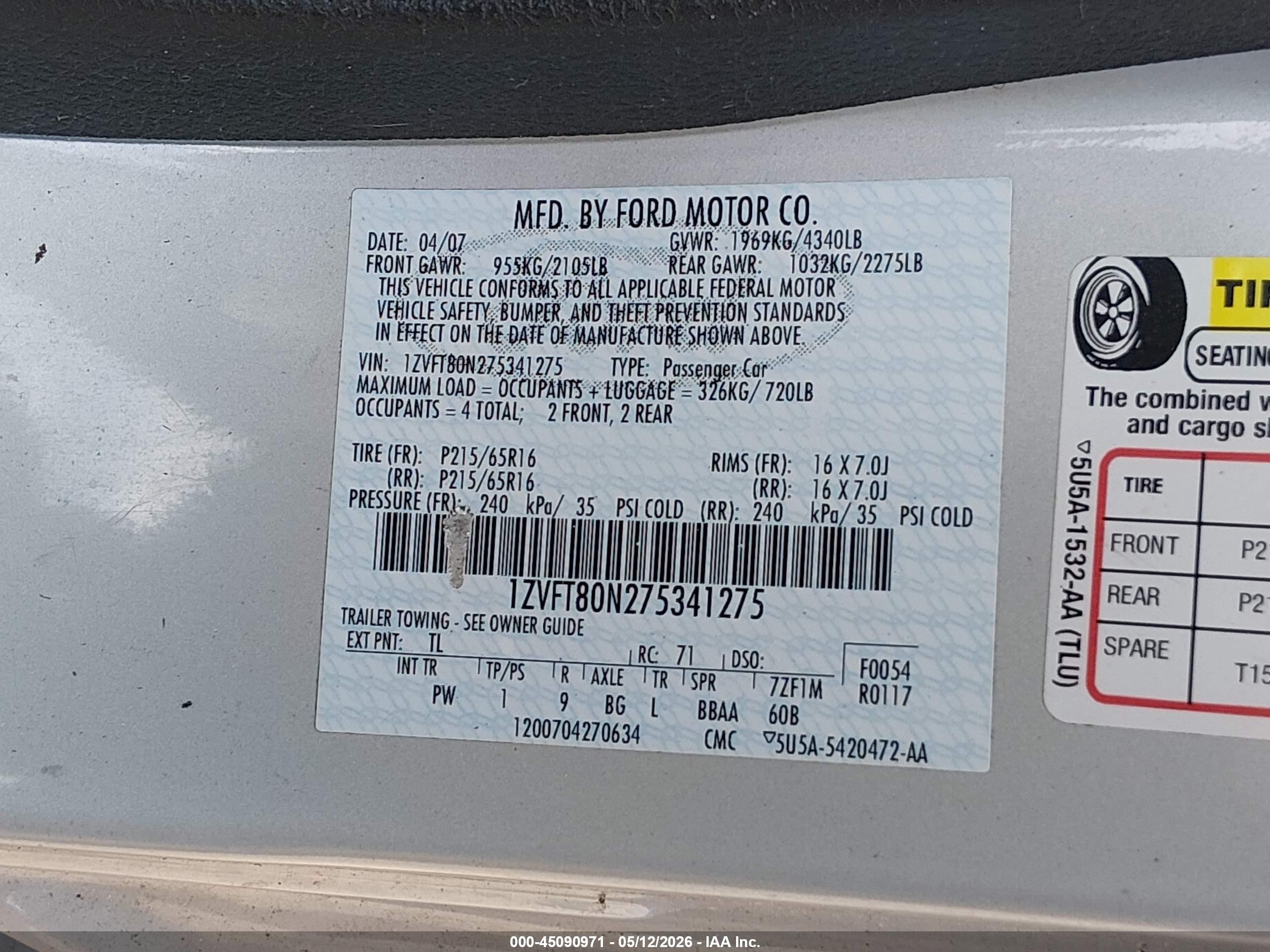 2007 Ford Mustang V6 Deluxe/v6 Premium Серебряный vin: 1ZVFT80N275341275