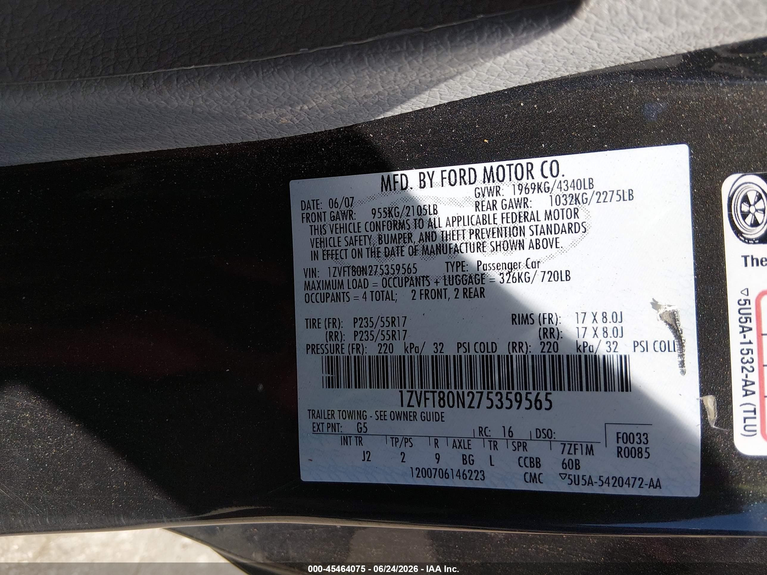 2007 Ford Mustang V6 Deluxe/v6 Premium Gray vin: 1ZVFT80N275359565