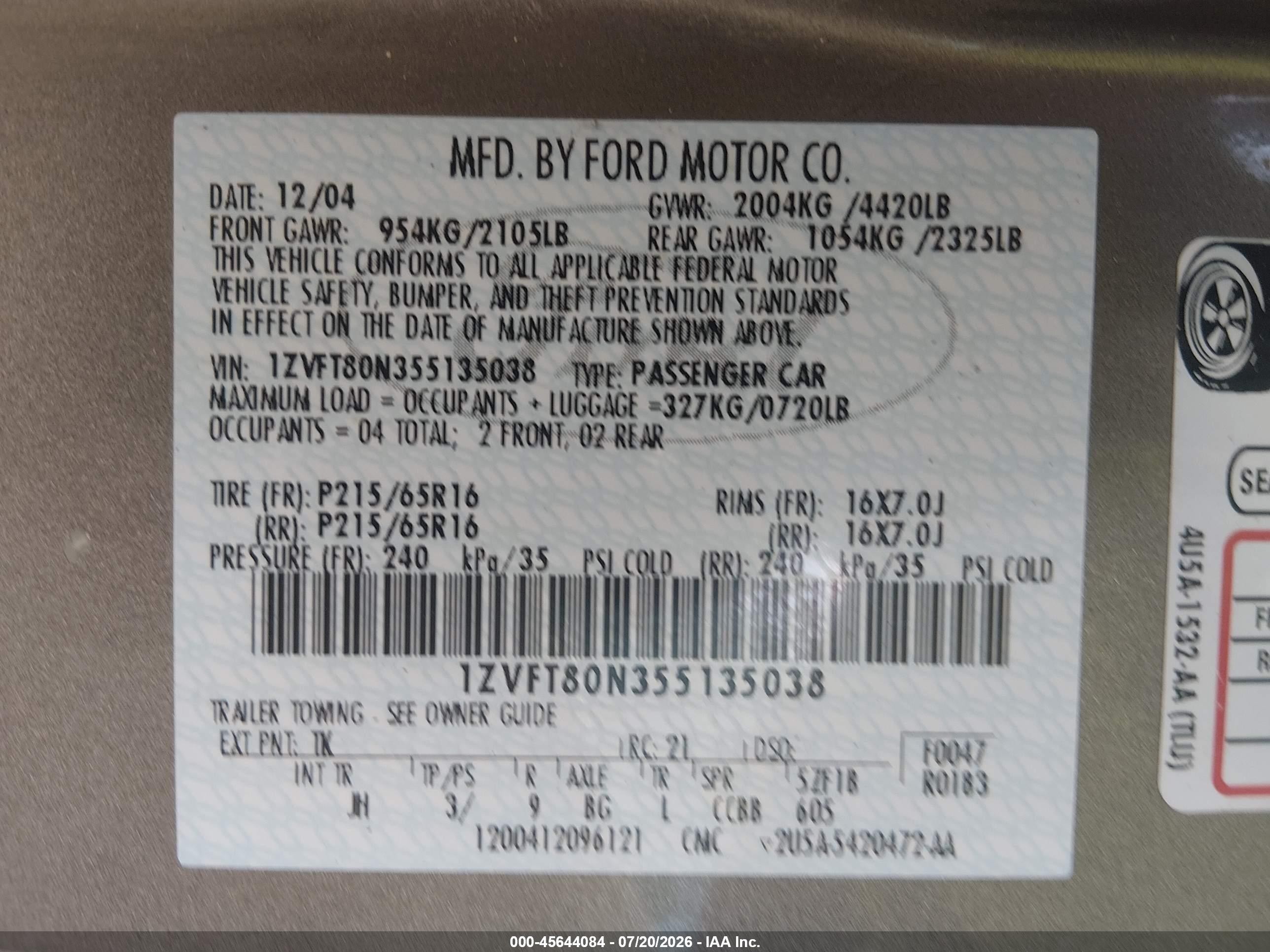 2005 Ford Mustang V6 Deluxe/v6 Premium Серый vin: 1ZVFT80N355135038