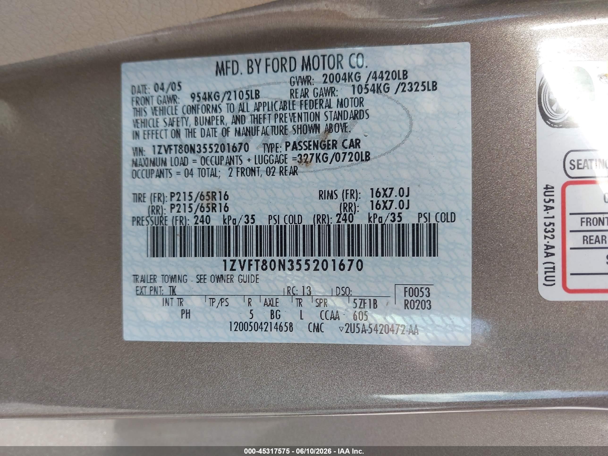 2005 Ford Mustang V6 Deluxe/v6 Premium Gray vin: 1ZVFT80N355201670
