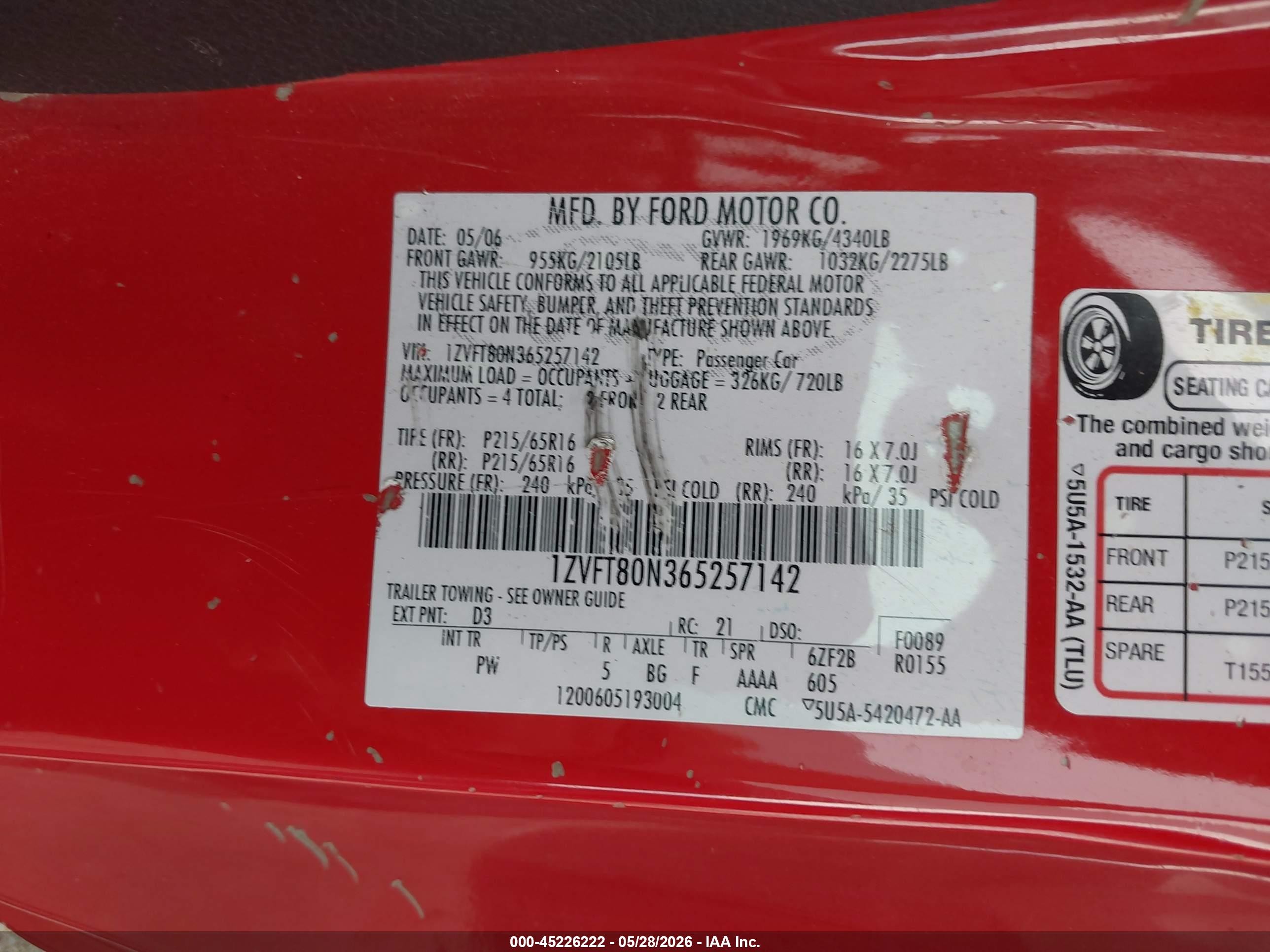 2006 Ford Mustang V6 Red vin: 1ZVFT80N365257142