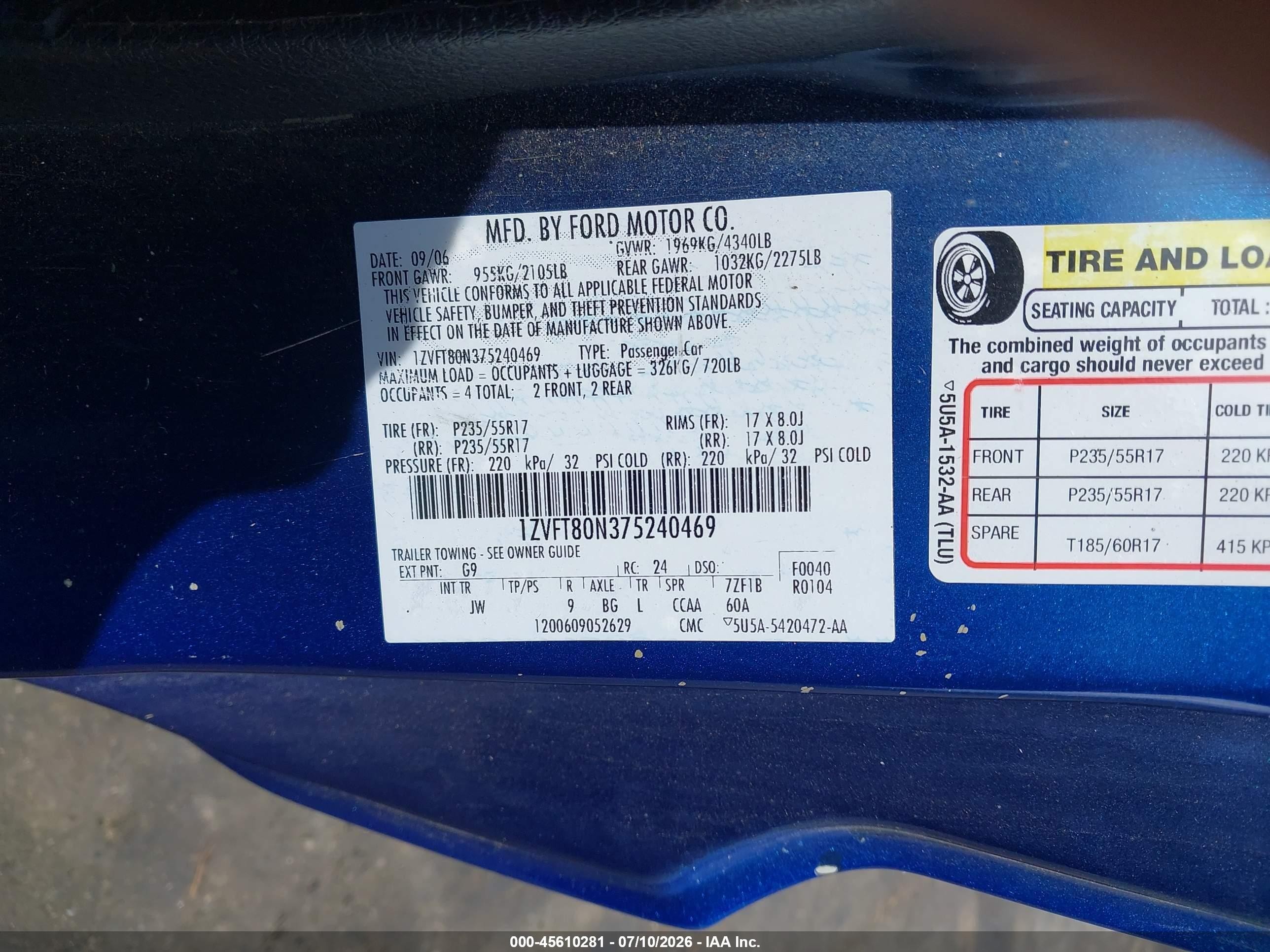 2007 Ford Mustang V6 Deluxe/v6 Premium Blue vin: 1ZVFT80N375240469