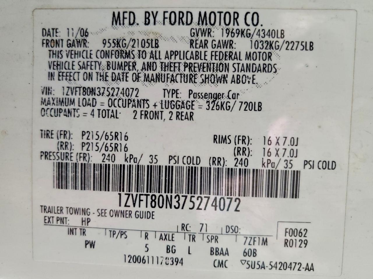 2007 Ford Mustang White vin: 1ZVFT80N375274072