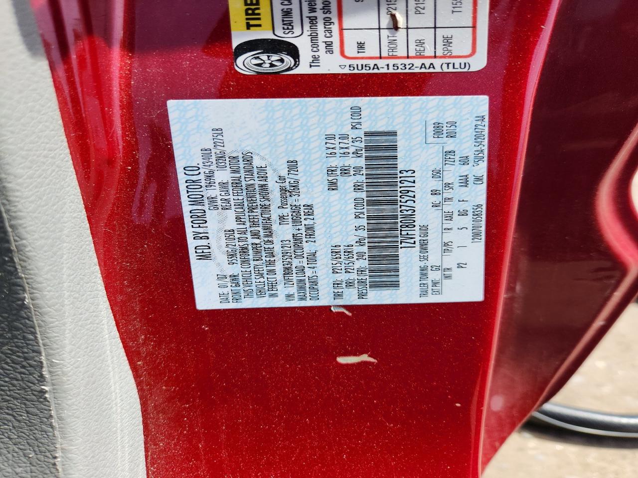 2007 Ford Mustang Red vin: 1ZVFT80N375291213