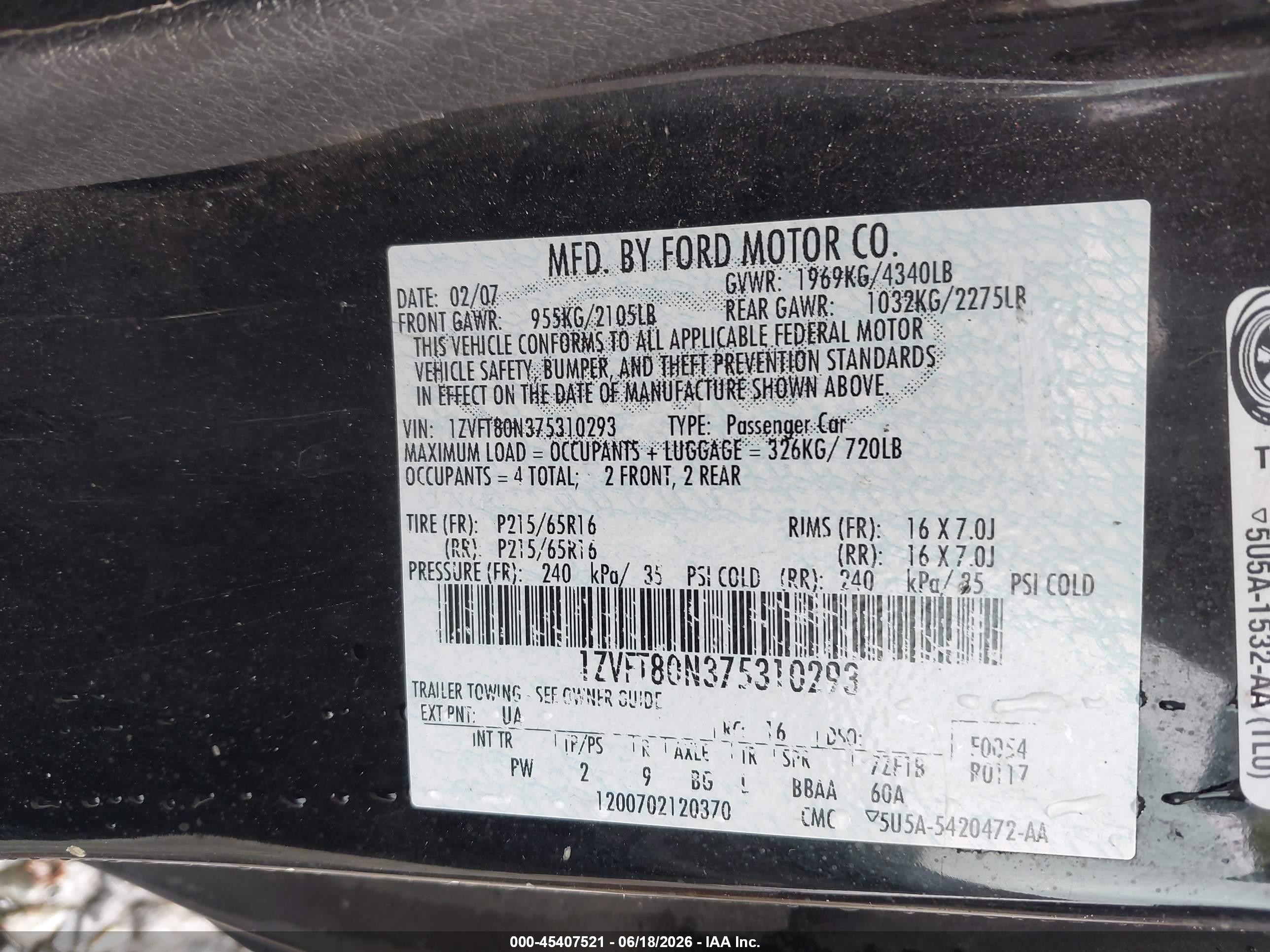 2007 Ford Mustang V6 Deluxe/v6 Premium Black vin: 1ZVFT80N375310293