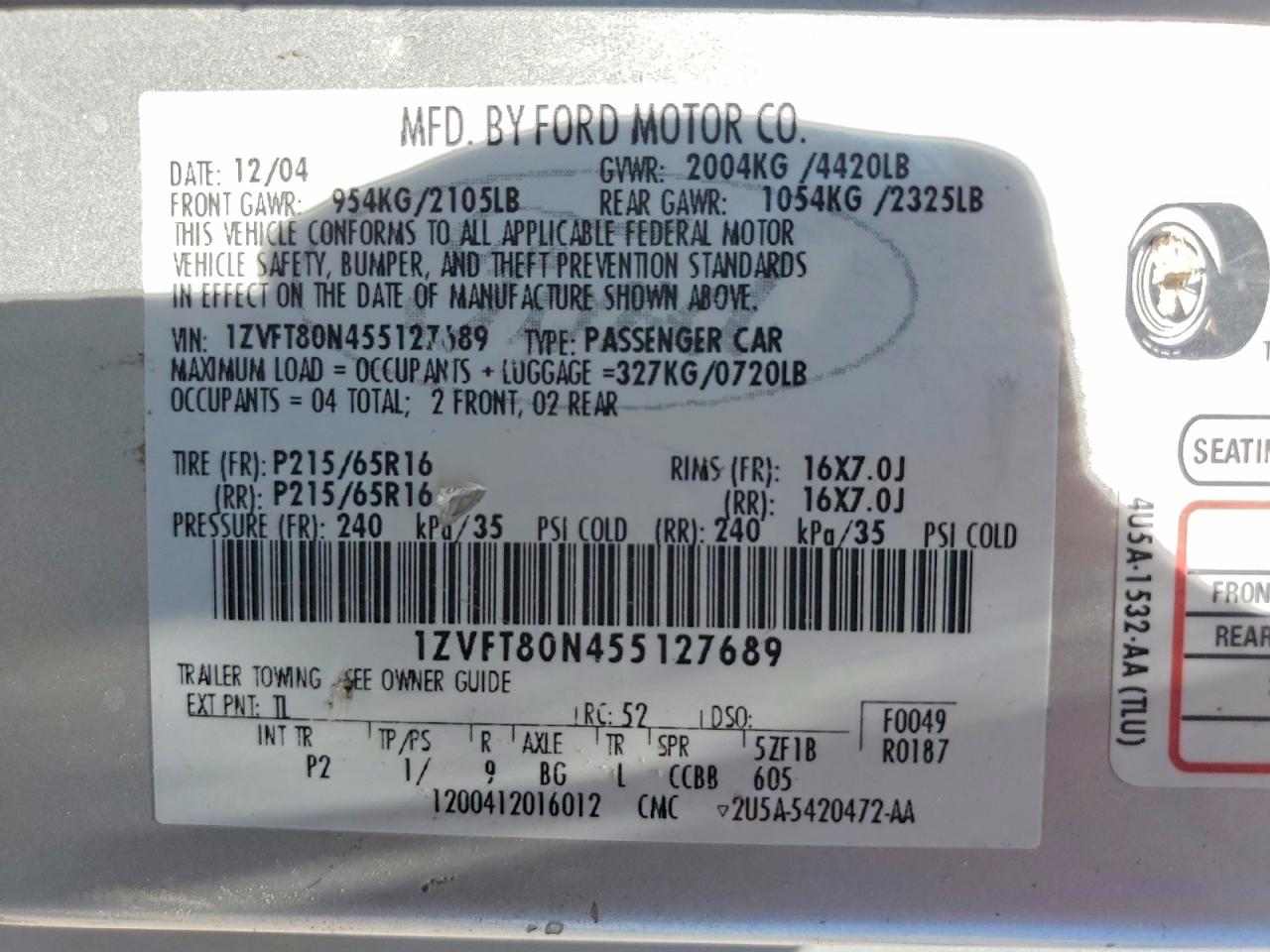 2005 Ford Mustang Silver vin: 1ZVFT80N455127689