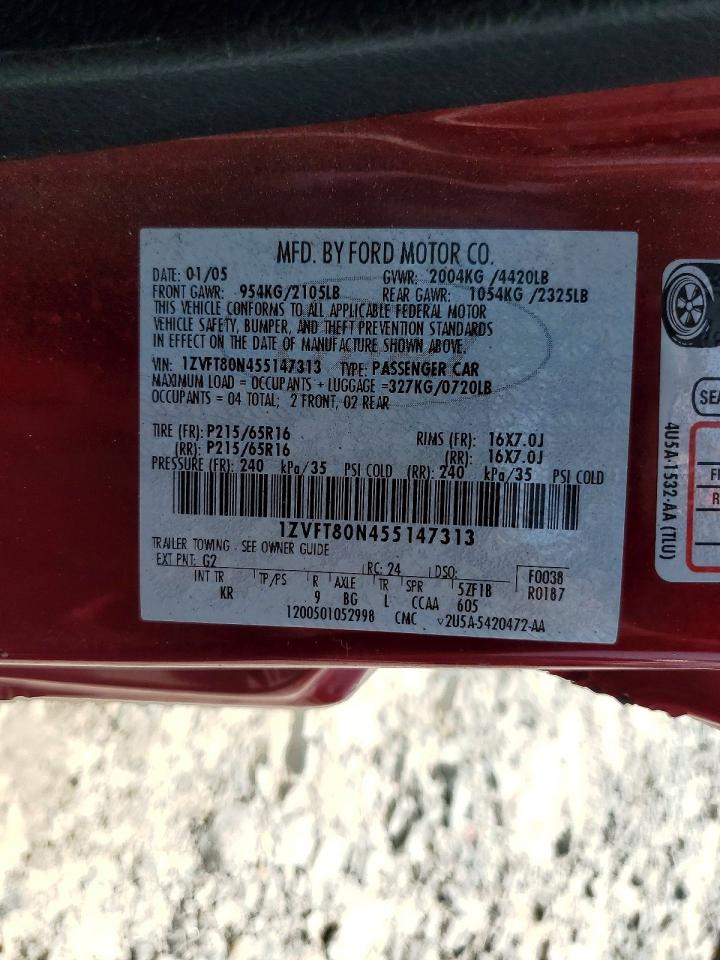 2005 Ford Mustang Red vin: 1ZVFT80N455147313