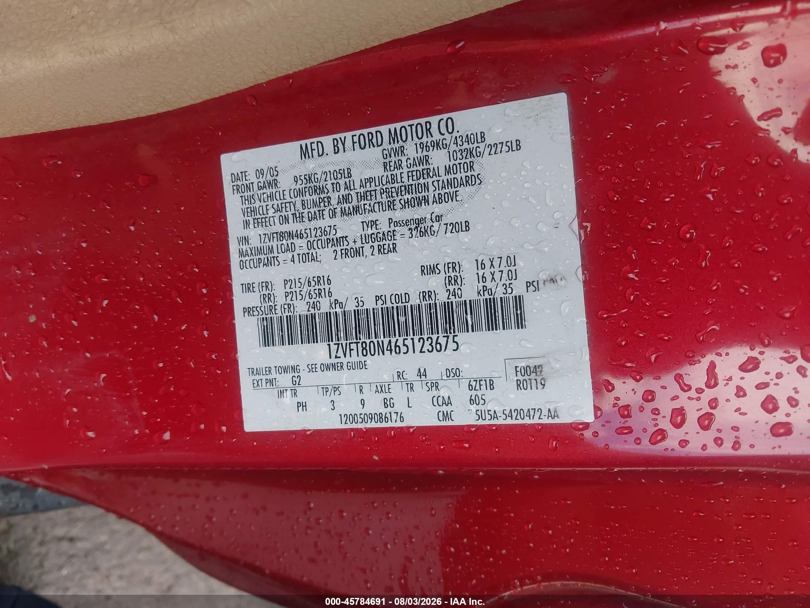 2006 Ford Mustang V6 Red vin: 1ZVFT80N465123675