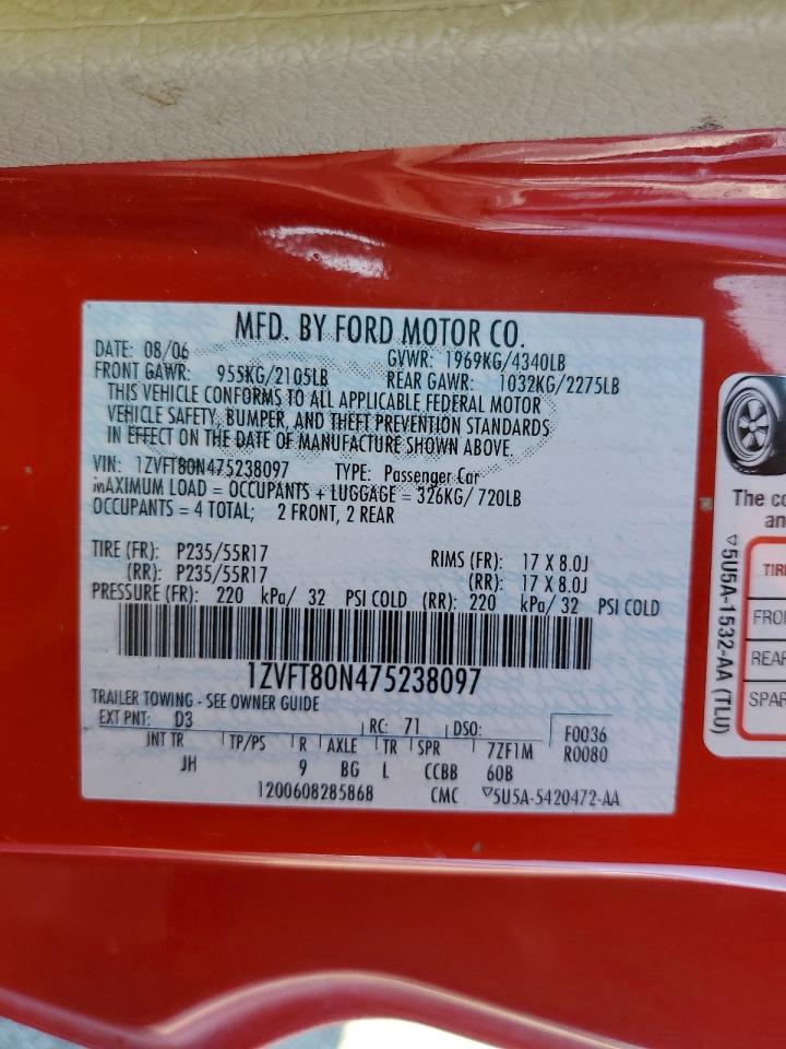 2007 Ford Mustang Red vin: 1ZVFT80N475238097