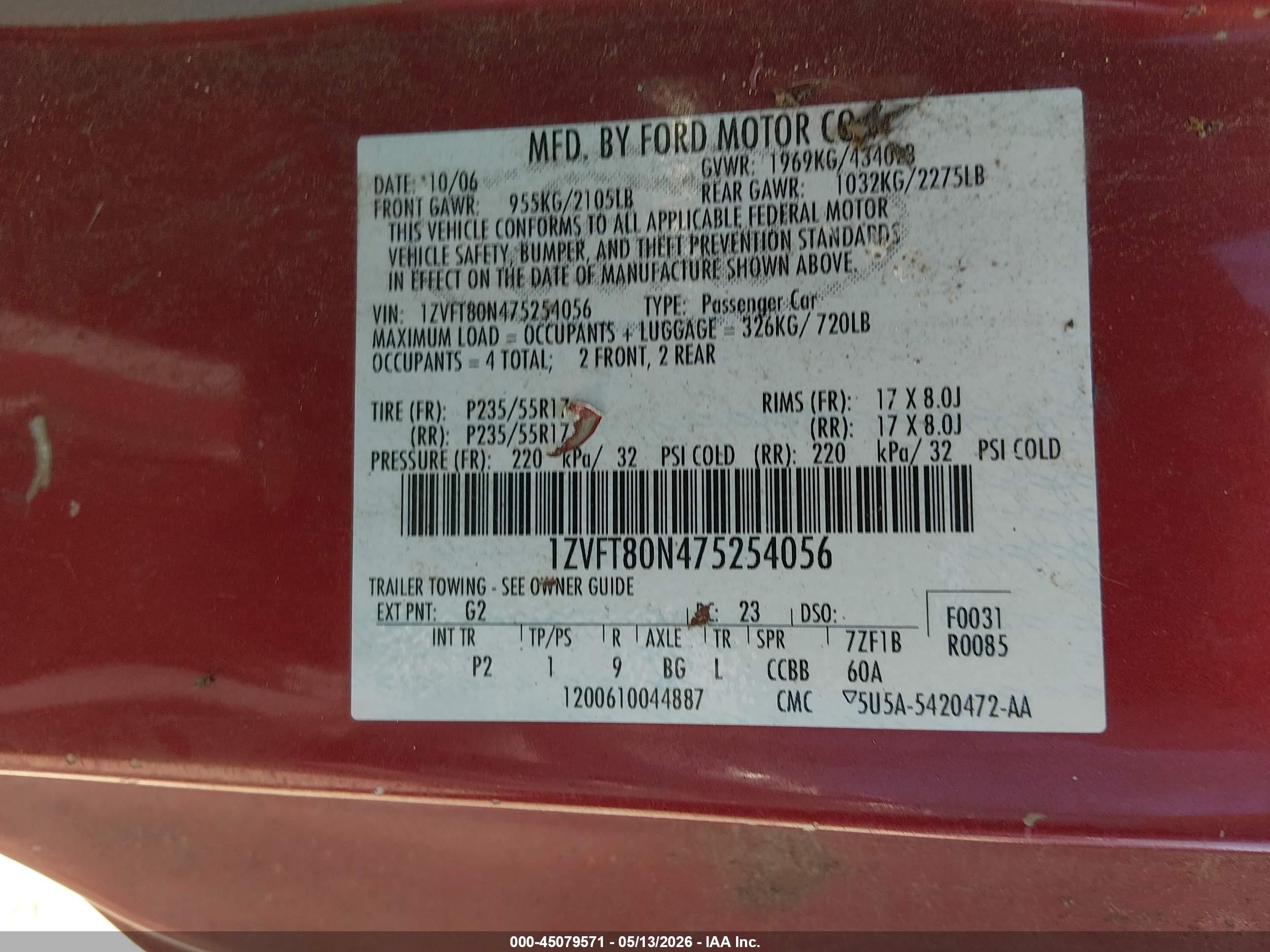 2007 Ford Mustang V6 Deluxe/v6 Premium Красный vin: 1ZVFT80N475254056