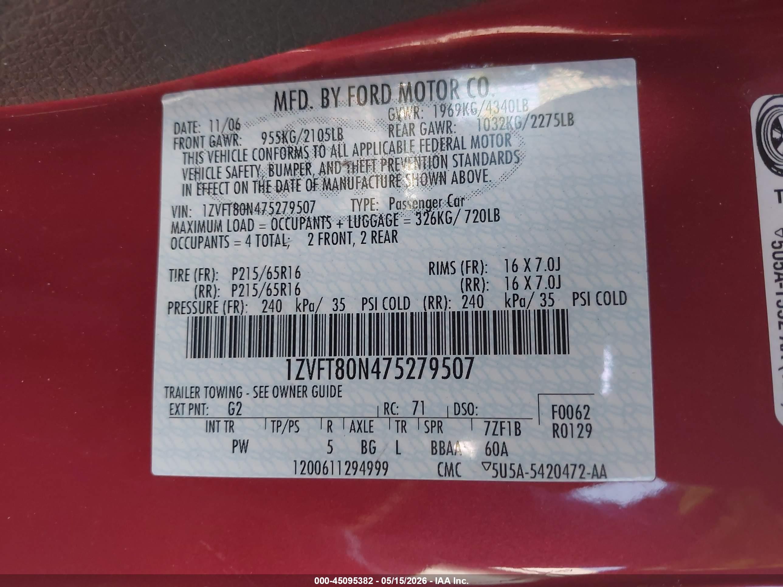 2007 Ford Mustang V6 Deluxe/v6 Premium Red vin: 1ZVFT80N475279507