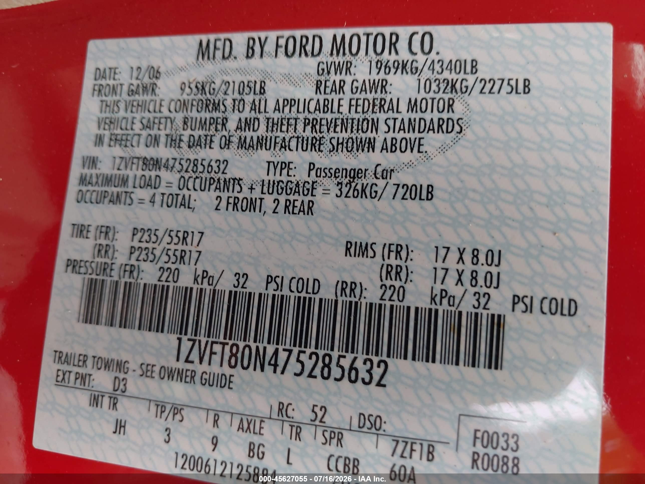2007 Ford Mustang V6 Deluxe/v6 Premium Красный vin: 1ZVFT80N475285632
